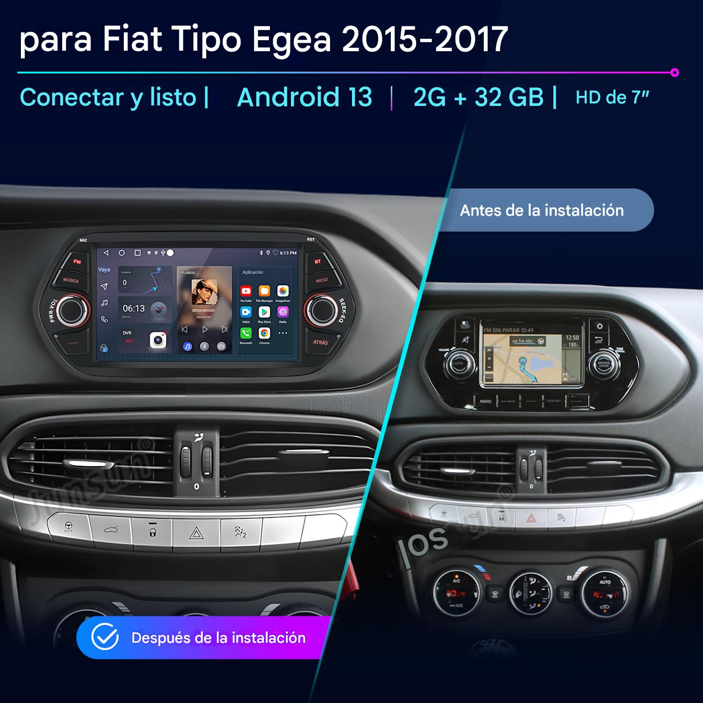 La imagen muestra el salpicadero de un coche con dos pantallas, antes y después de la instalación. La izquierda muestra aplicaciones, la derecha navegación.