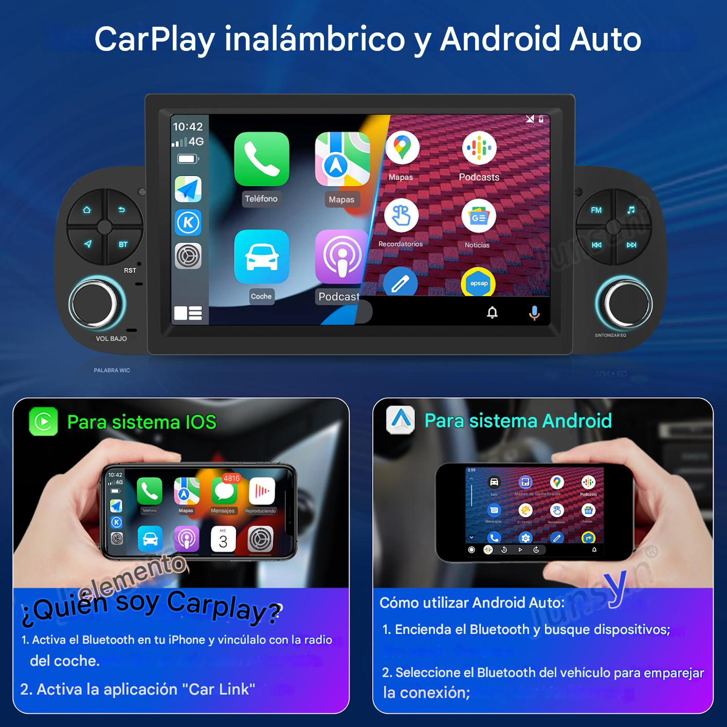 Estéreo de coche con aplicaciones, instrucciones iOS y Android. Muestra iconos de teléfono e interfaz de coche.