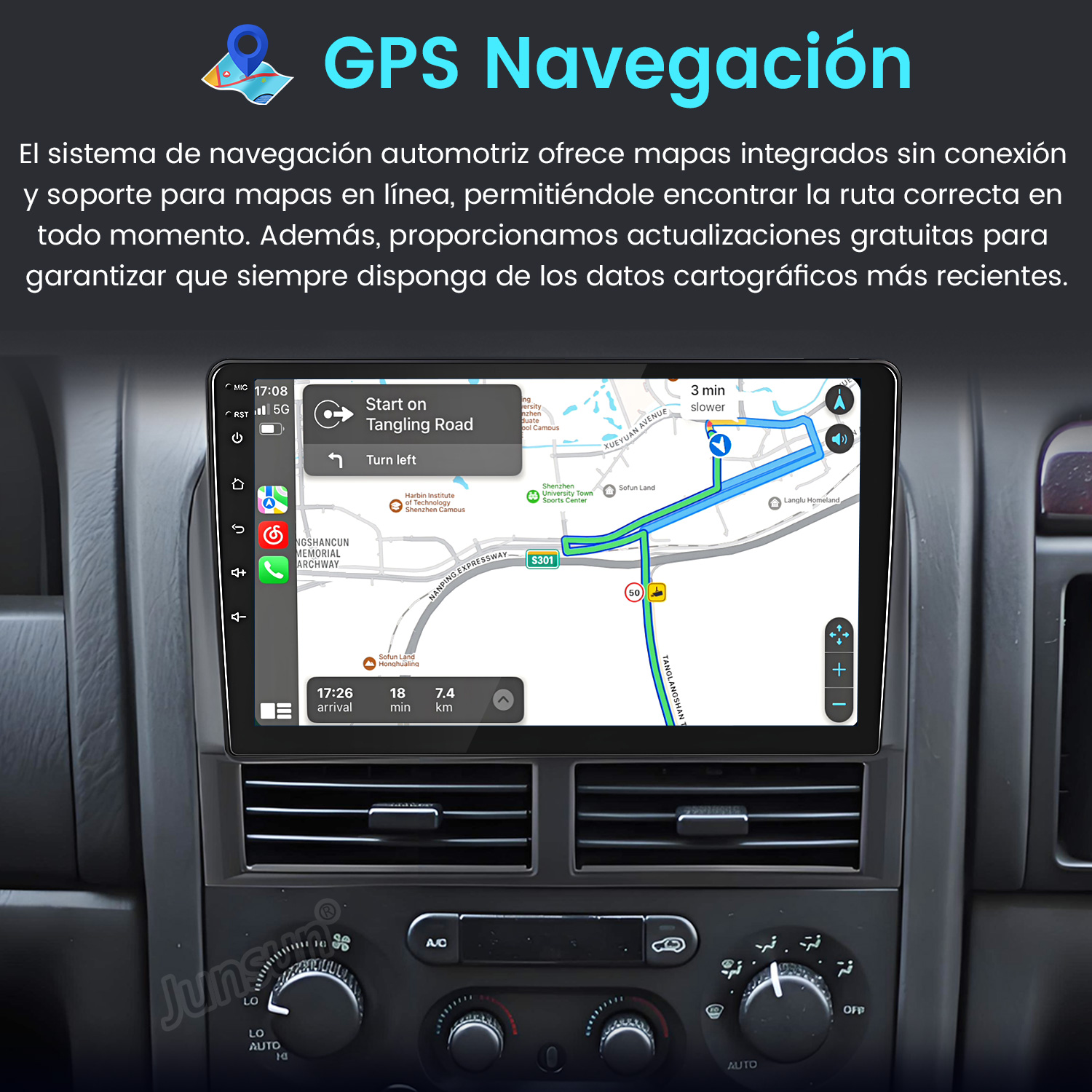 La pantalla de navegación del coche muestra un mapa con indicaciones de ruta. Visible el salpicadero del coche.