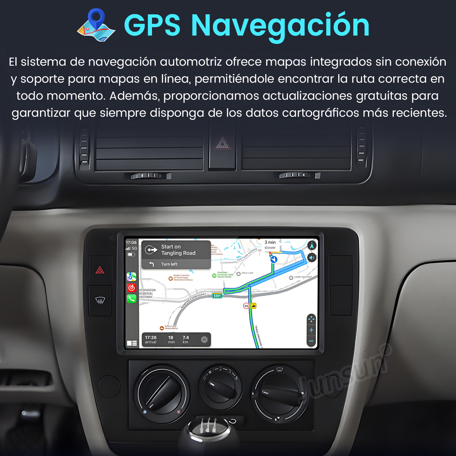 La pantalla GPS del coche muestra la navegación. El mapa muestra una ruta con nombres de calles. Se ven los controles del salpicadero y las rejillas de ventilación.