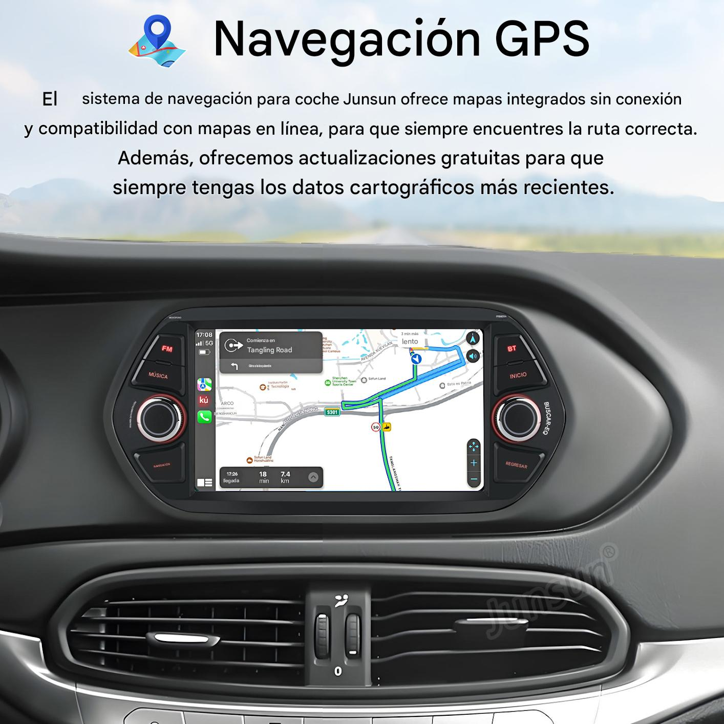 Pantalla del sistema de navegación del coche mostrando mapa, texto y botones de control, en el salpicadero.