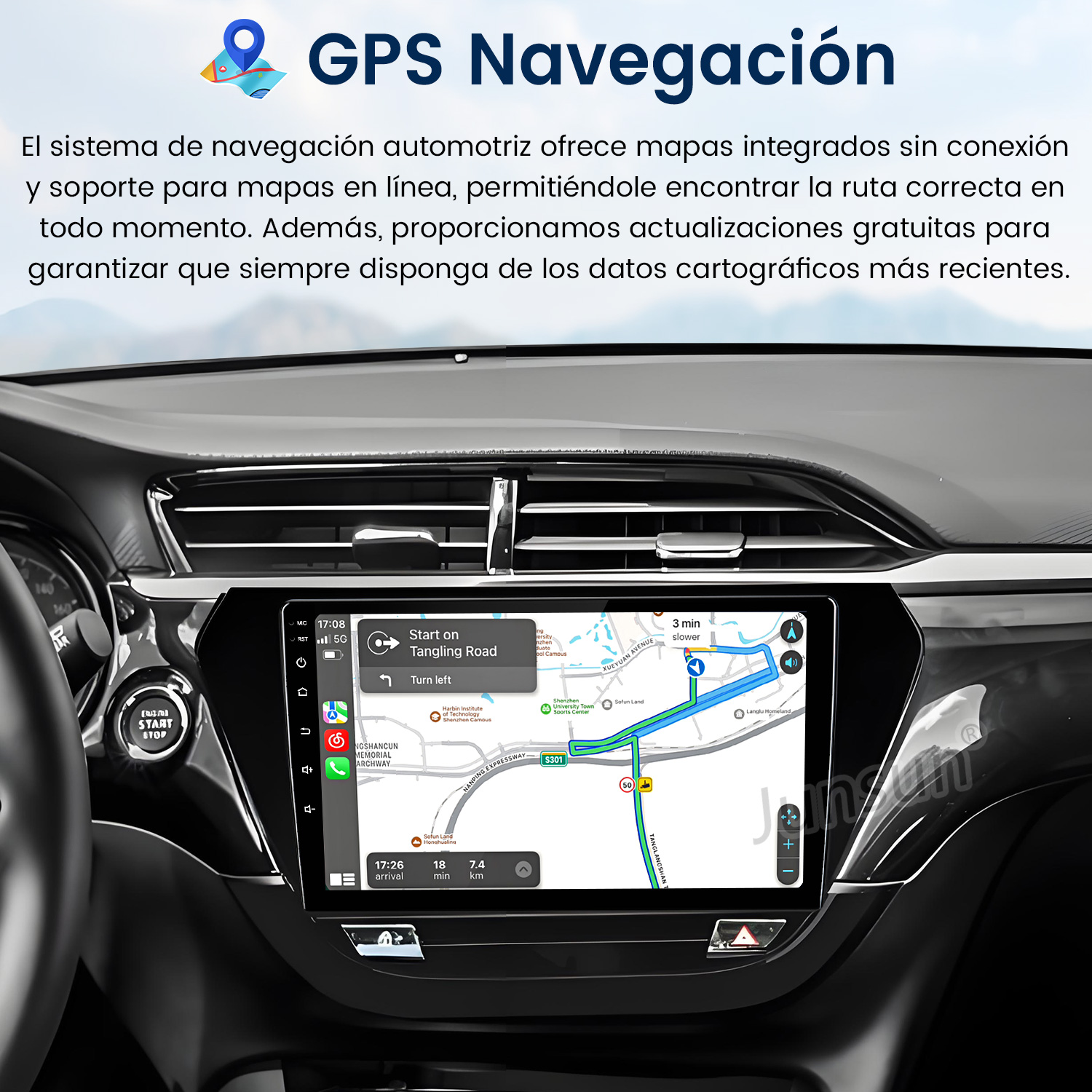 Panel del coche con navegación GPS en pantalla, mostrando una ruta. El texto superior dice Navegación GPS.
