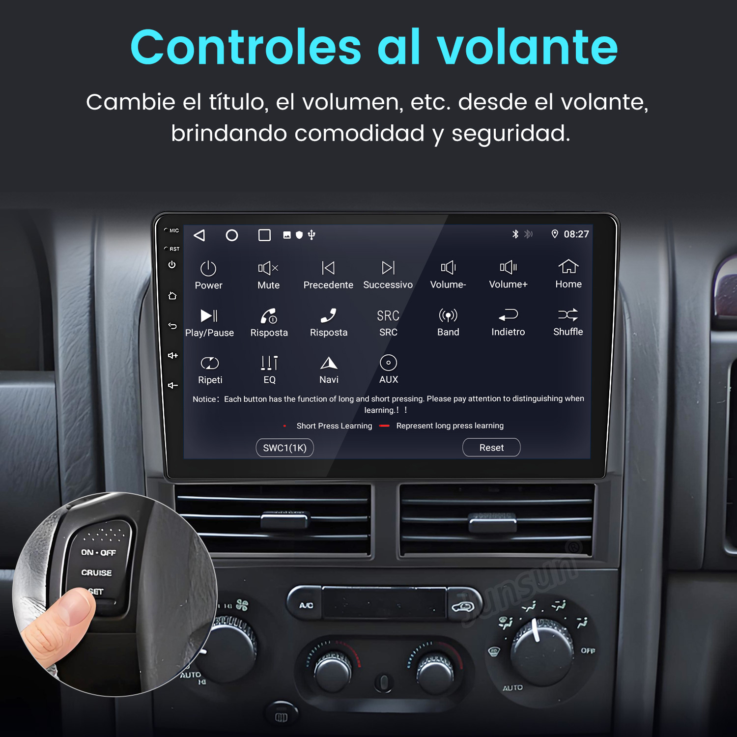 Panel de control del coche con pantalla que muestra los controles. Una mano pulsa un botón en el panel de control del volante.