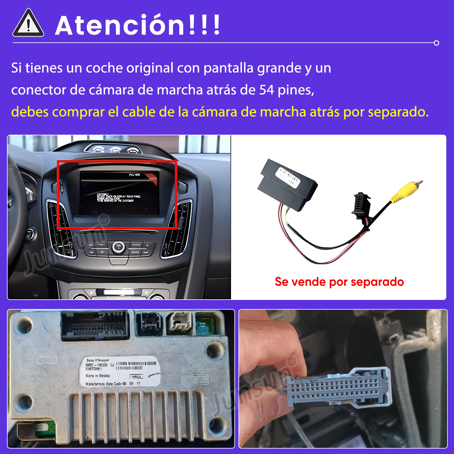 La imagen muestra partes de un coche: salpicadero, cable, conector y módulo. El texto aconseja comprar un cable por separado.