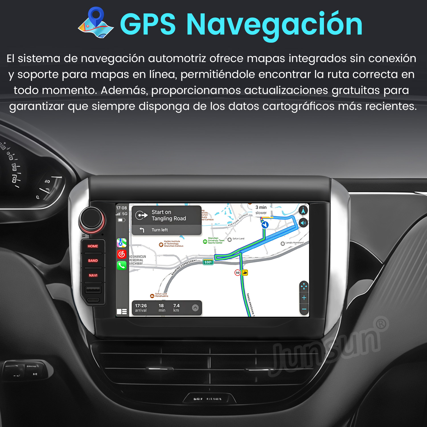 Panel del coche con navegación GPS. Muestra una ruta con detalles del mapa y botones de control.