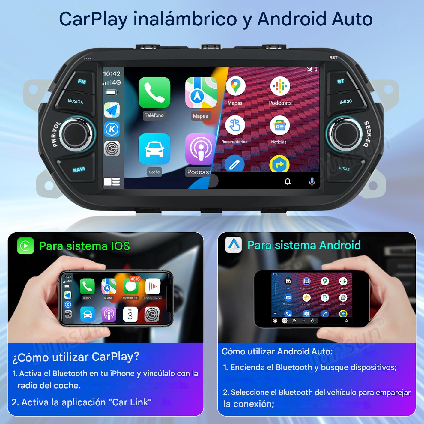 Pantalla de radio de coche con interfaces CarPlay y Android Auto, con iconos de teléfono y aplicaciones. Abajo, se muestran instrucciones de uso.