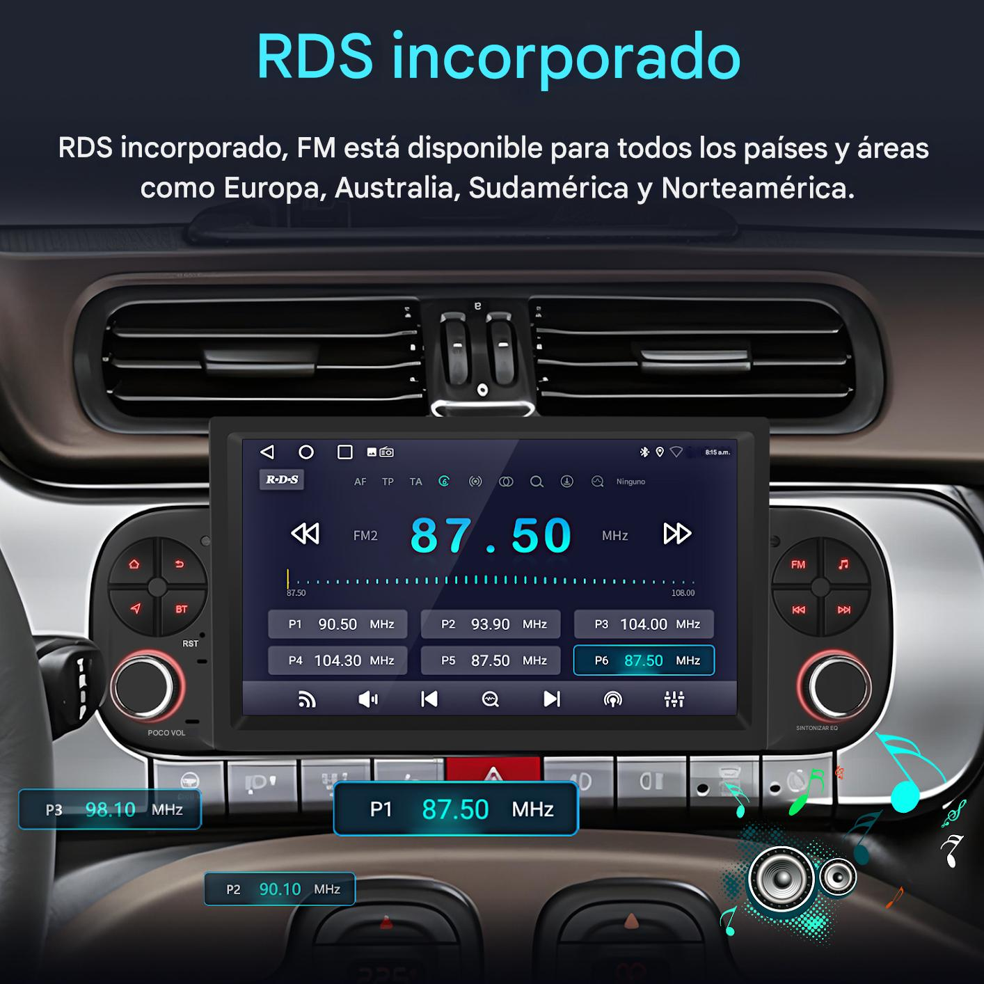 Pantalla de radio del coche que muestra la frecuencia FM 87.50 MHz. Botones para volumen y controles rodean la pantalla. Fondo muestra interior del coche.