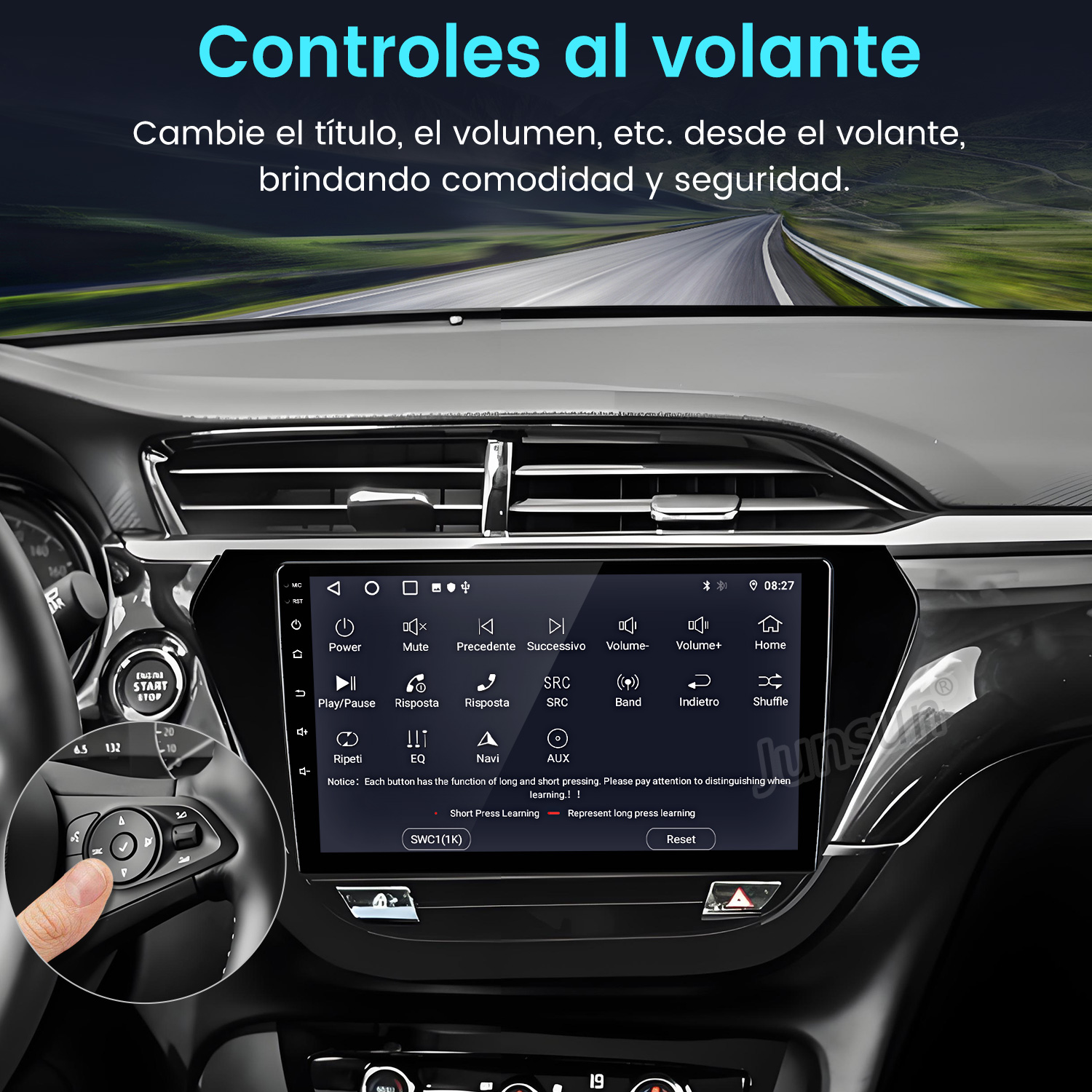 Interior de coche con pantalla táctil y controles en el volante. Texto en pantalla en español. Mano en el volante ajustando.