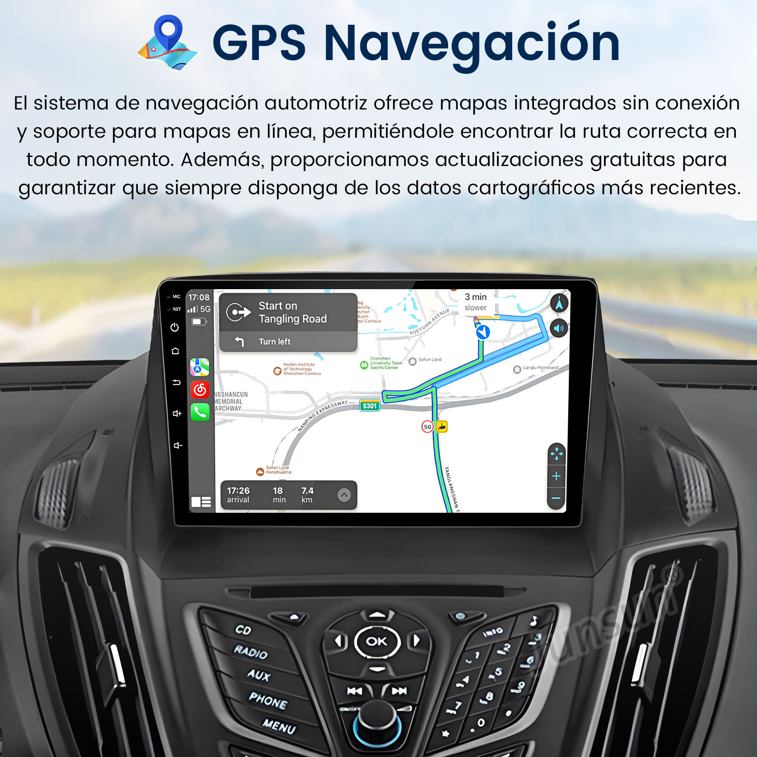 Pantalla del sistema de navegación del coche que muestra un mapa con guía de ruta, rodeada de detalles del salpicadero y botones.
