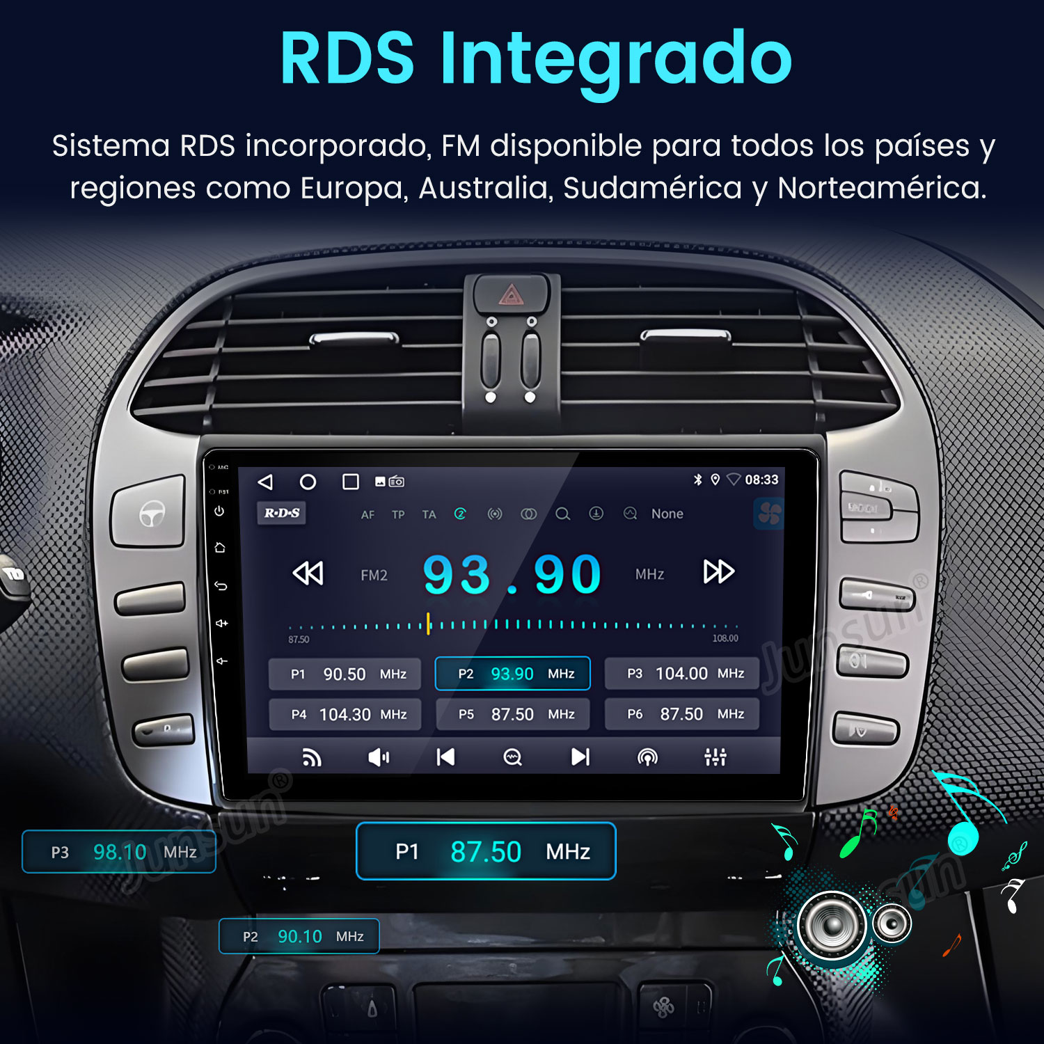 Pantalla de radio del coche que muestra la frecuencia FM 93,90 MHz. El texto superior dice 'RDS Integrado'. También son visibles botones e iconos.