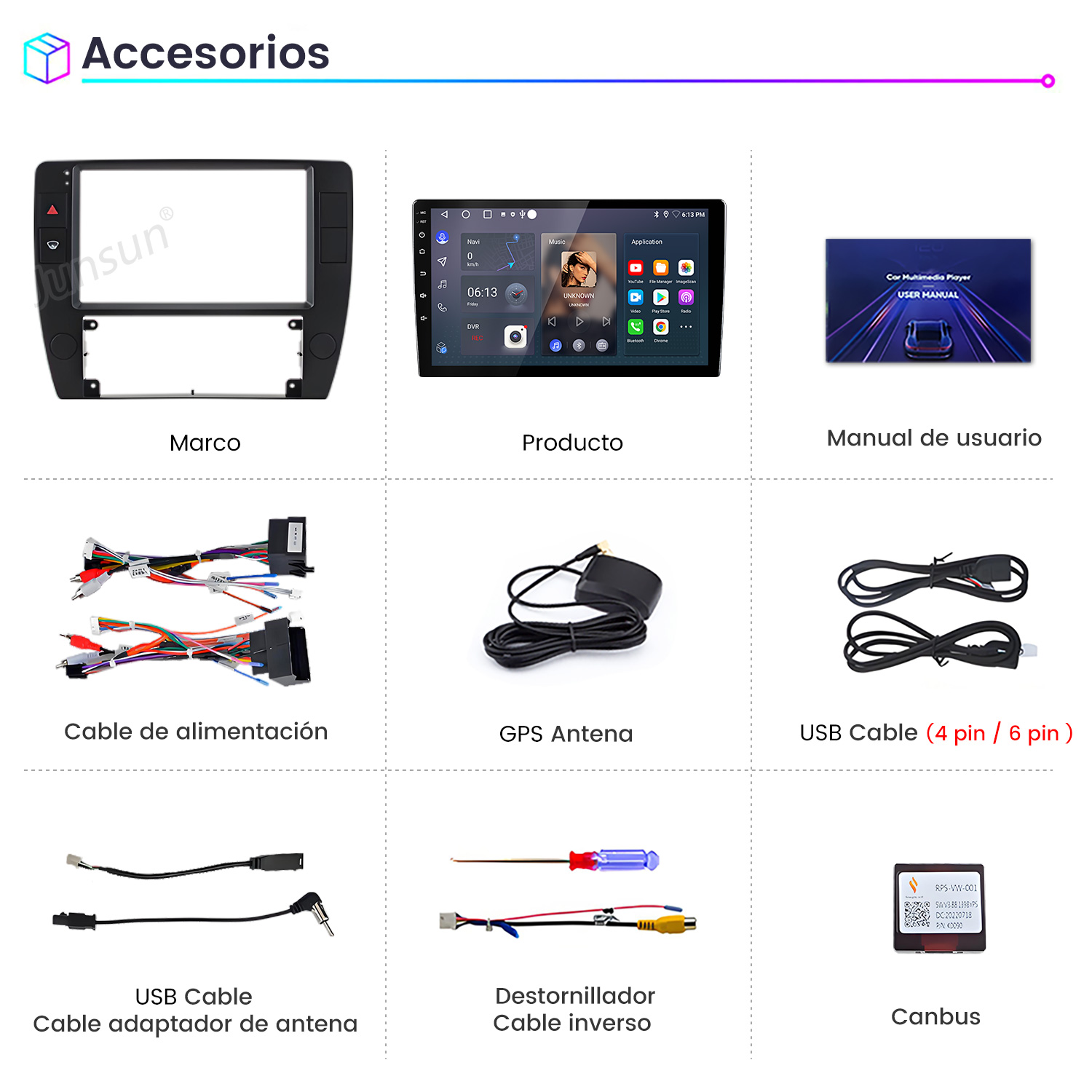 Imagen muestra accesorios multimedia para coche, incluyendo pantalla, cables, antena GPS, manual de usuario y destornillador.