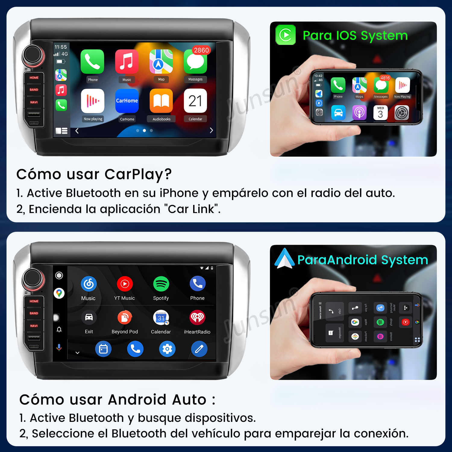 Pantalla de radio de coche muestra iconos de aplicaciones. Instrucciones para CarPlay y Android Auto, con imágenes de teléfono y apps.
