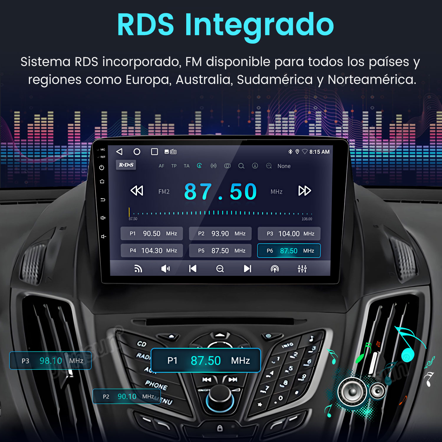 Pantalla de radio del coche que muestra 87,50 MHz. El texto de arriba dice 'RDS Integrado'. Tiene botones y visuales de ecualizador.