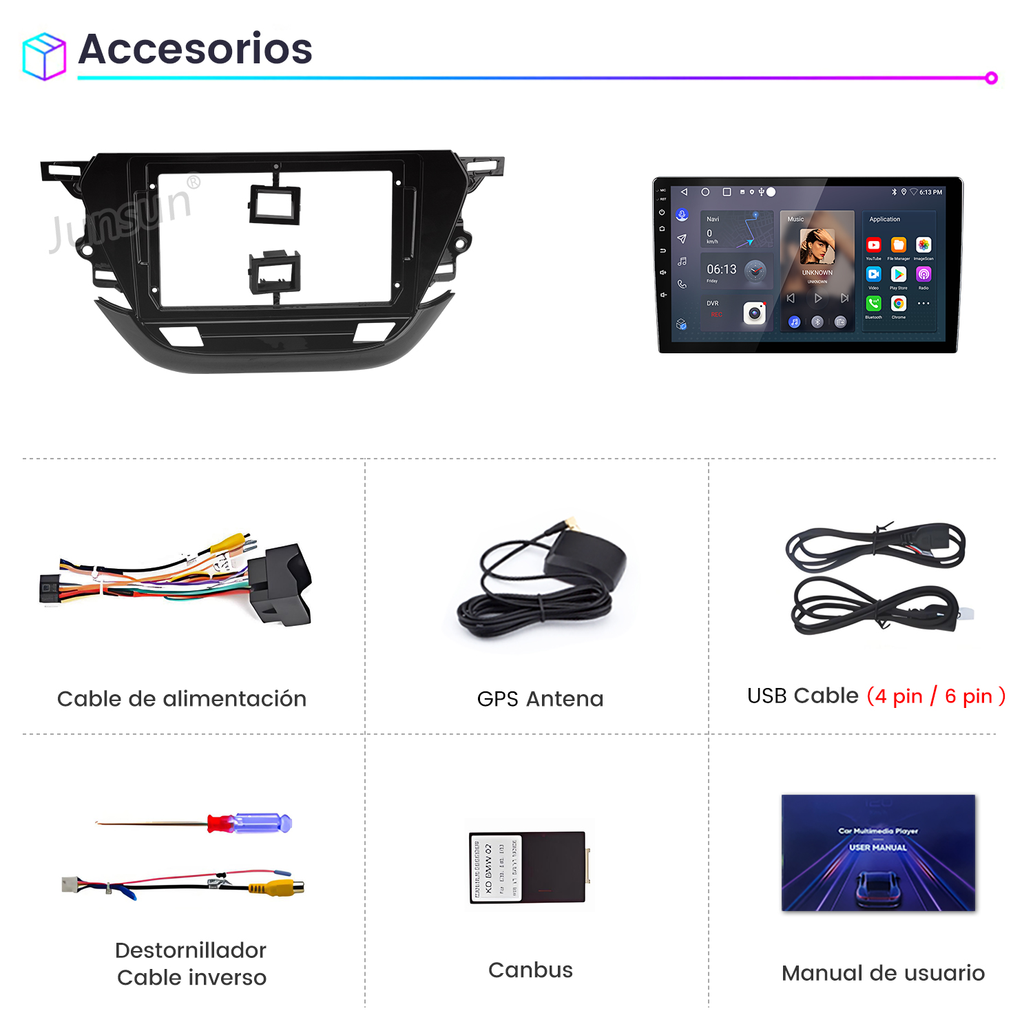 La imagen muestra accesorios del reproductor multimedia del coche, incluyendo un marco, pantalla, cables, antena, destornillador y manual de usuario.
