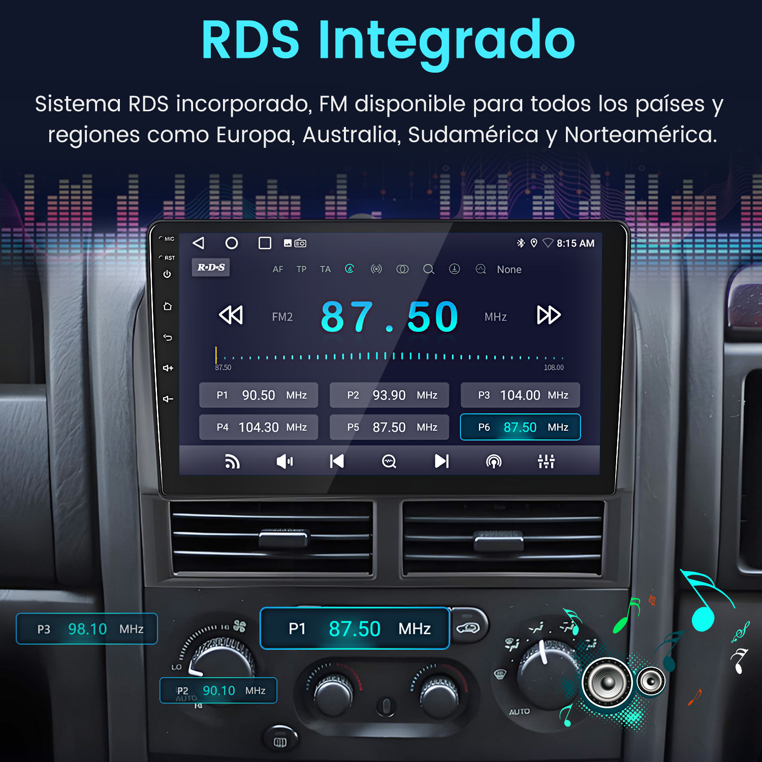 Sistema de radio de coche con RDS. La pantalla muestra la frecuencia FM 87,50 MHz. Controles, botones y un reloj digital visibles.