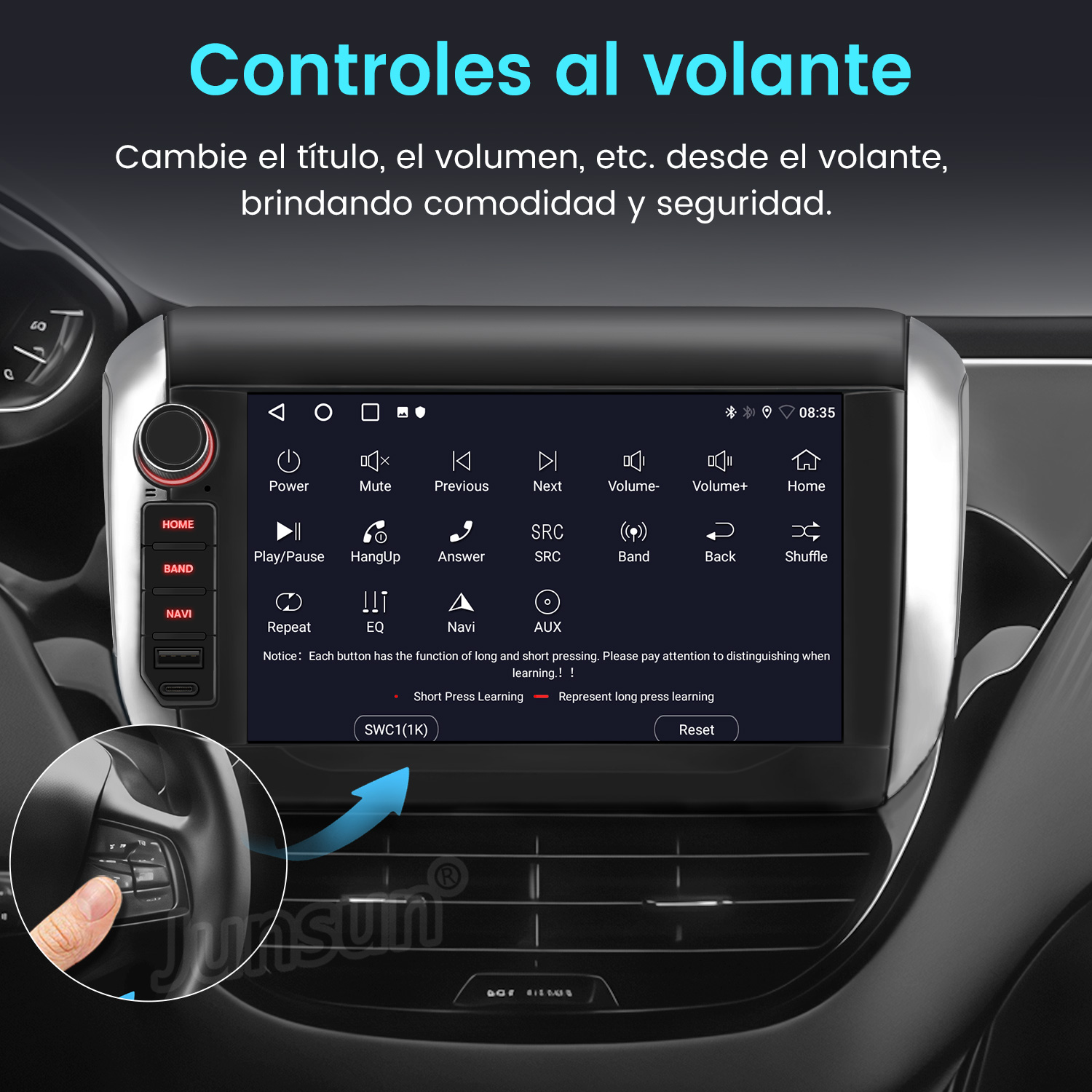 Panel de control del coche con pantalla. Una mano pulsa un botón del volante. Texto en español que describe las funciones.