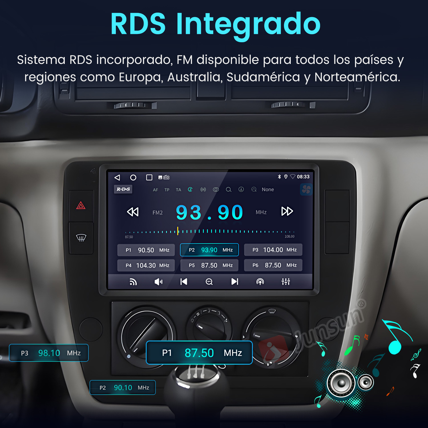 Pantalla de radio de coche que muestra 93.90 MHz. Texto RDS Integrado arriba. Botones y perillas debajo, notas musicales a la derecha.