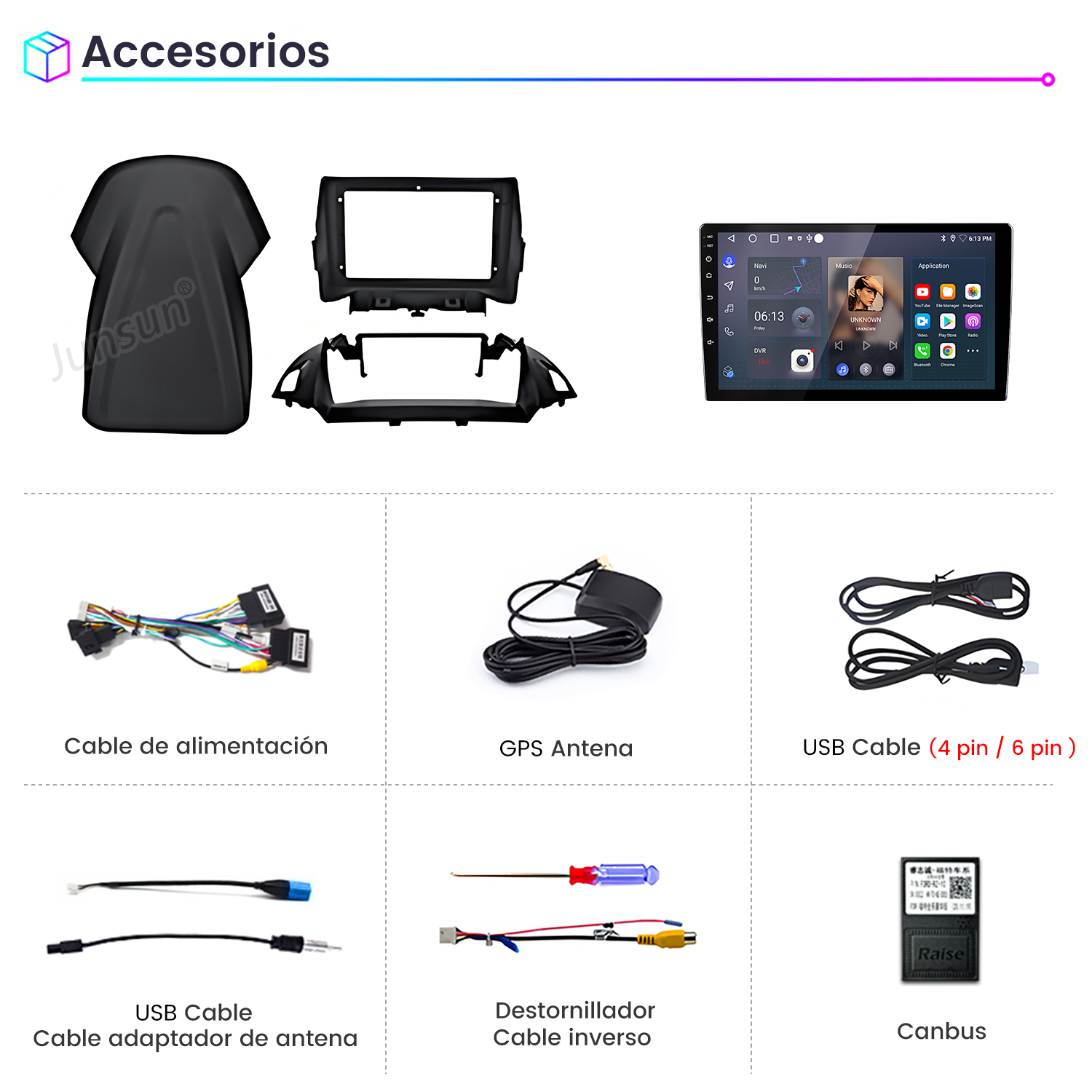 Accesorios para coche: una cubierta, marcos, una pantalla con interfaz, cables, antena GPS, un destornillador y Canbus.