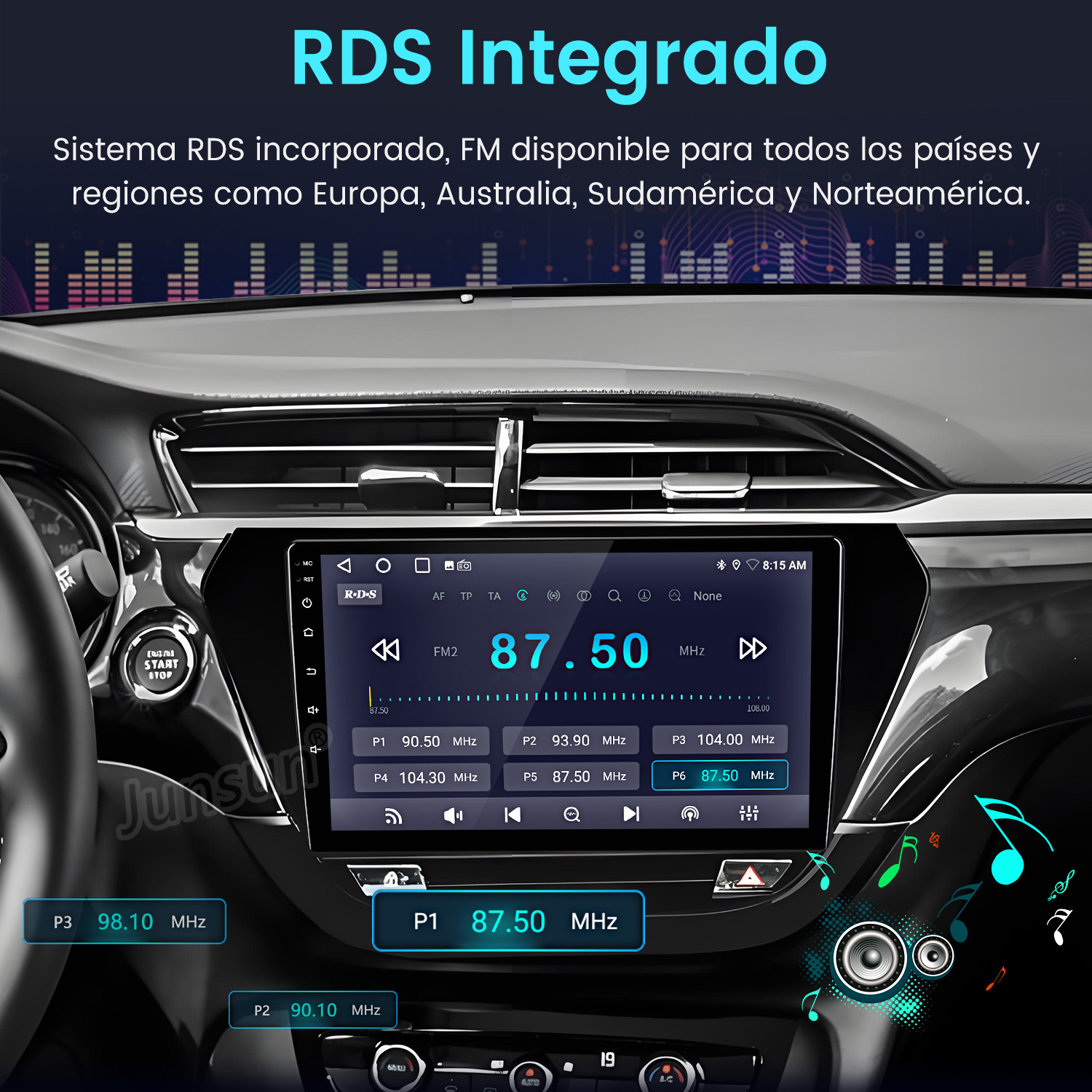 Panel de control del automóvil que muestra una interfaz de radio con 87,50 MHz, emisora ​​de radio FM. Texto: RDS Integrado. Escena incluye interior del coche.
