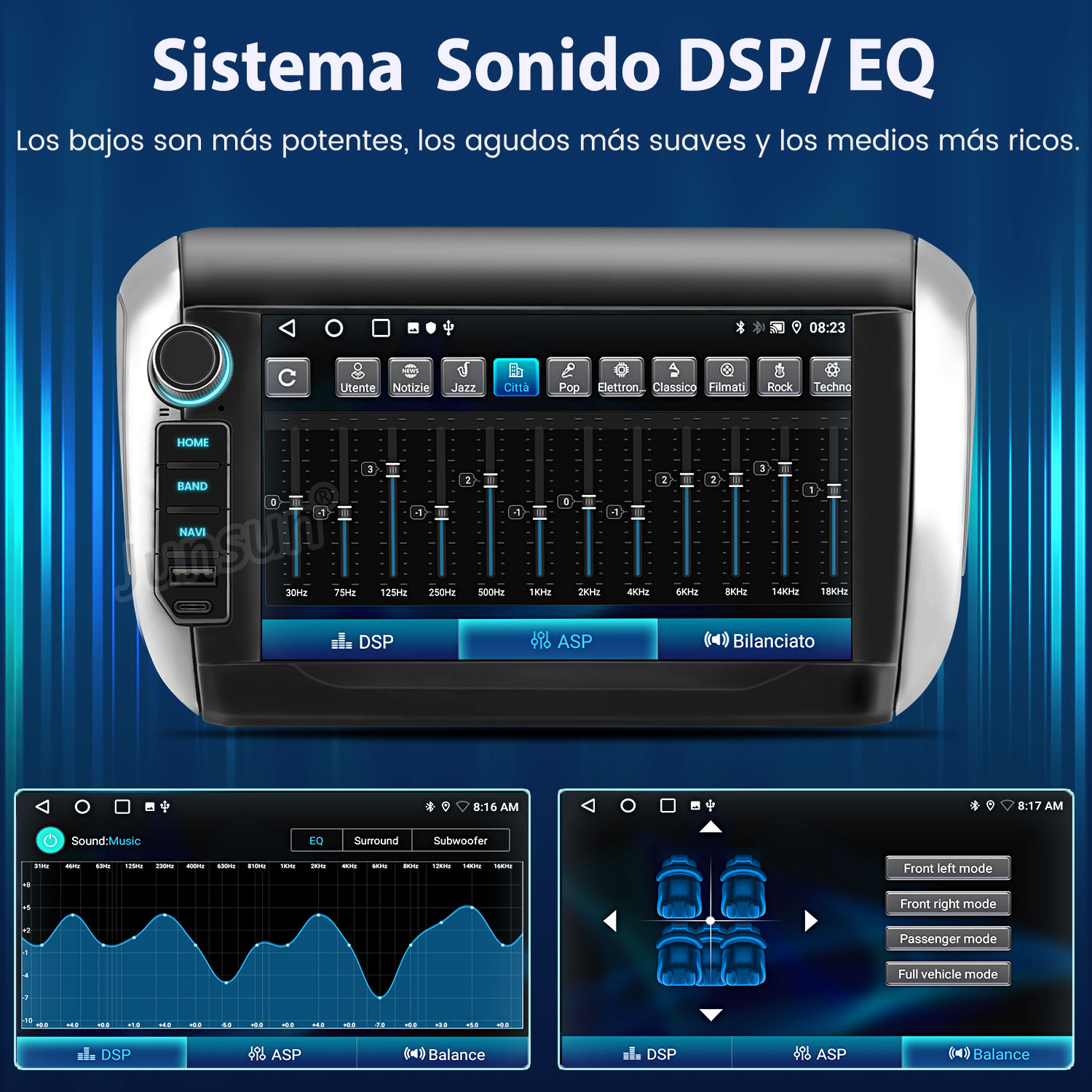 Pantalla del sistema de audio del coche con ecualizador y ajustes de sonido. Controles de sonido y balance visibles.