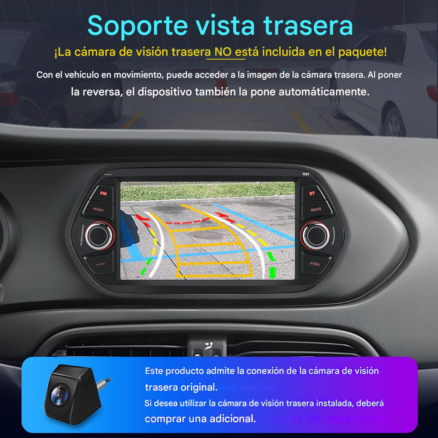 Pantalla del tablero del coche que muestra la pantalla de la cámara de visión trasera, con un icono de cámara y texto en español. Se muestra una cámara de coche.
