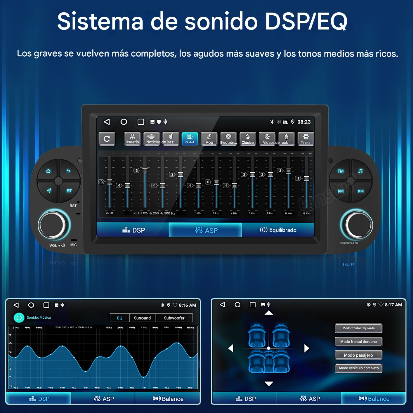 Interfaz de sistema de audio para coche con varias configuraciones de ecualizador y opciones de género musical.