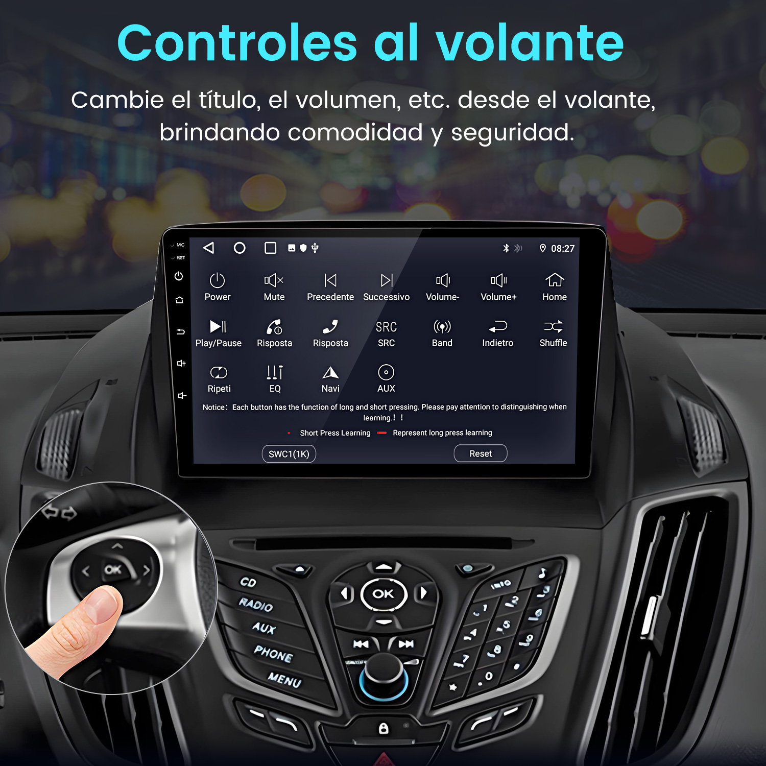 Panel del coche con pantalla táctil. Una mano pulsa un botón. Controles: volumen, radio y teléfono.