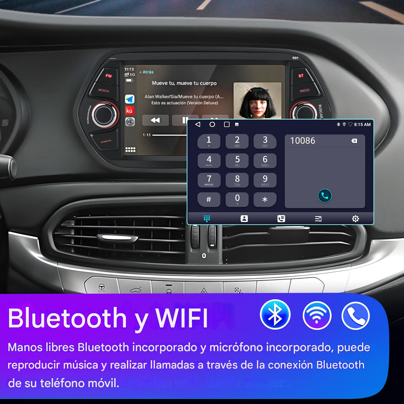 Panel del coche con pantalla mostrando música y un marcador telefónico. Iconos de Bluetooth y WiFi visibles.