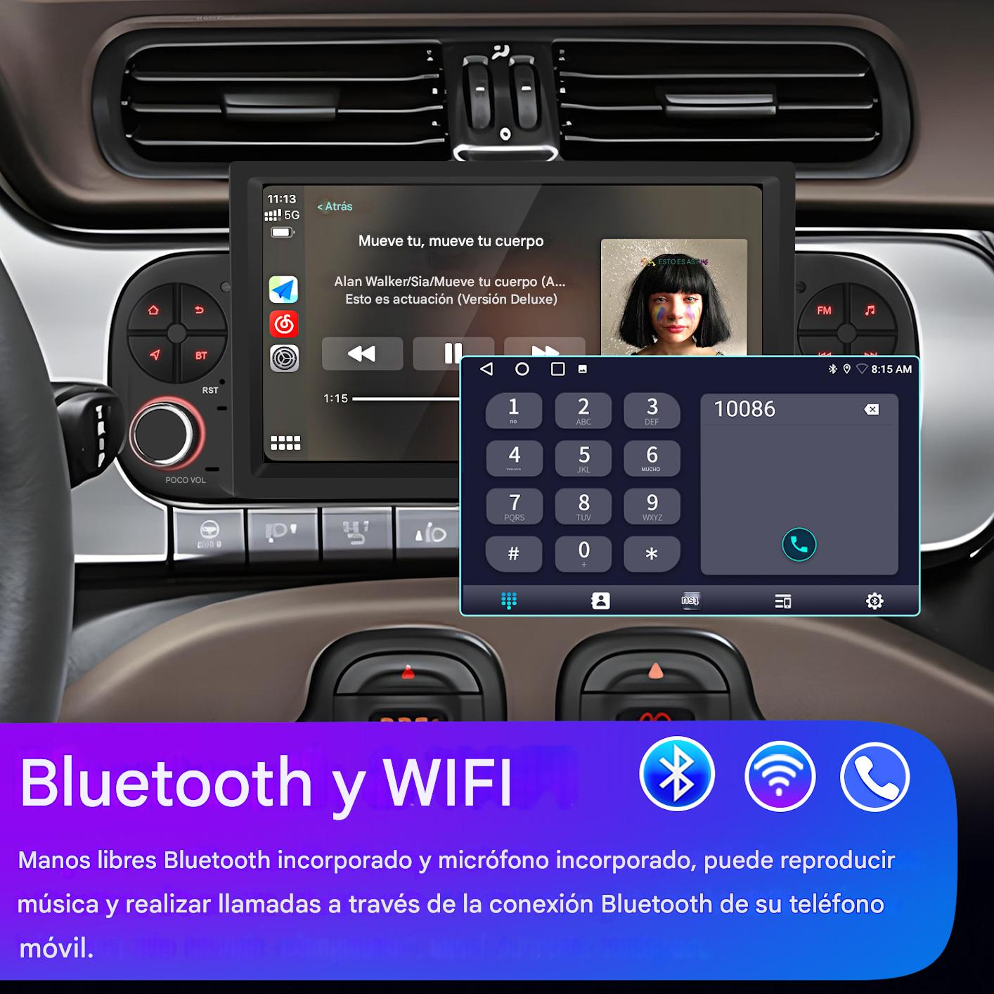 Panel de control del coche con pantalla mostrando música y teclado telefónico. Se muestran iconos de Bluetooth y WIFI.
