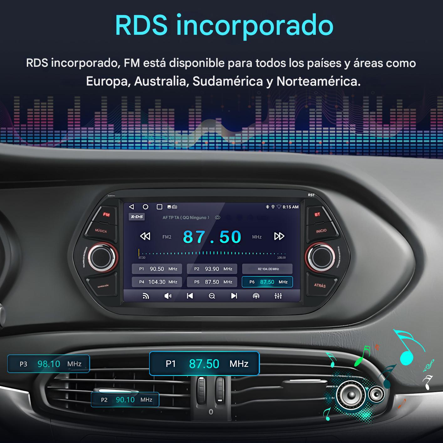 Pantalla de radio de coche mostrando la frecuencia FM 87.50 MHz. Texto arriba dice RDS incorporado. Botones y notas musicales visibles.