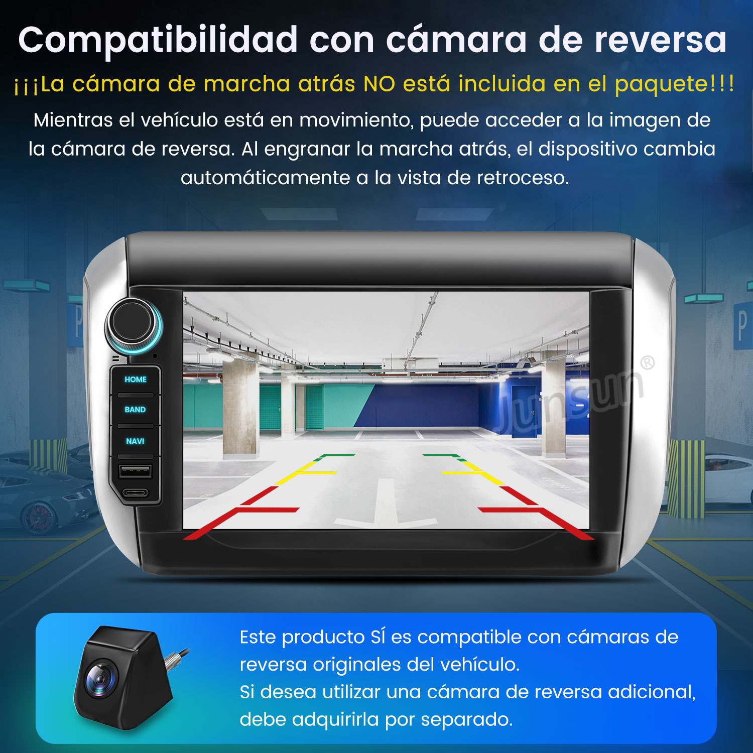 Una pantalla de coche muestra una vista de garaje. Se ven líneas y una cámara. Texto en español describe la compatibilidad de la cámara.