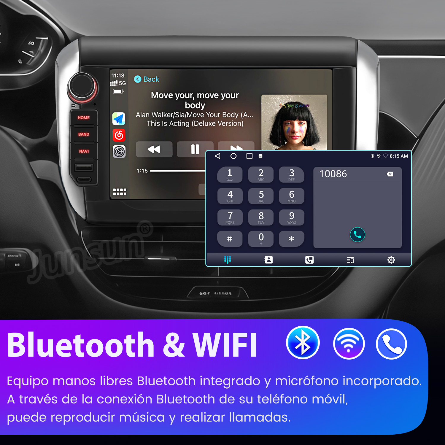 Panel del coche con pantalla que reproduce música y muestra un teclado telefónico. Iconos de Bluetooth y WIFI visibles debajo.