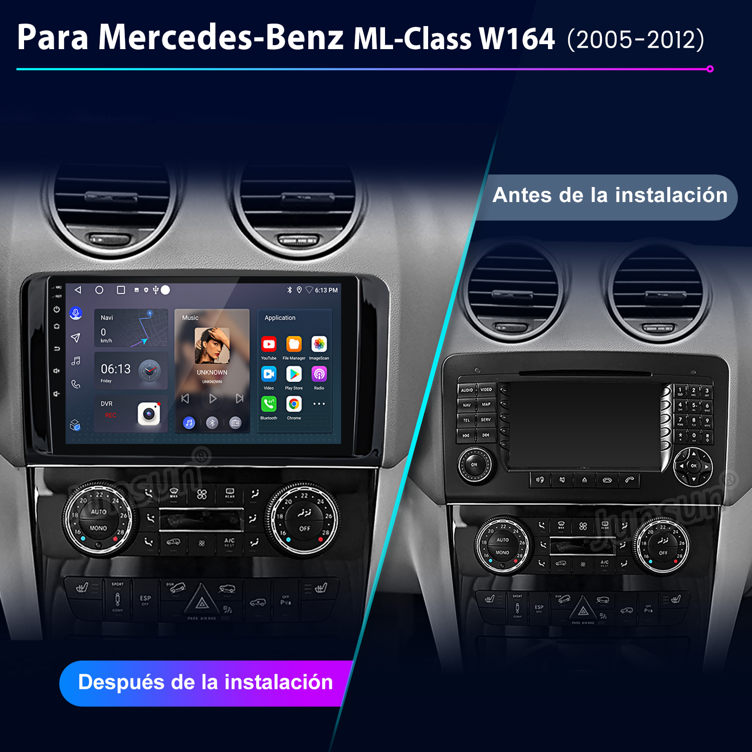 La imagen muestra el salpicadero de un coche antes y después de instalar un nuevo sistema multimedia. El nuevo sistema tiene una pantalla táctil.