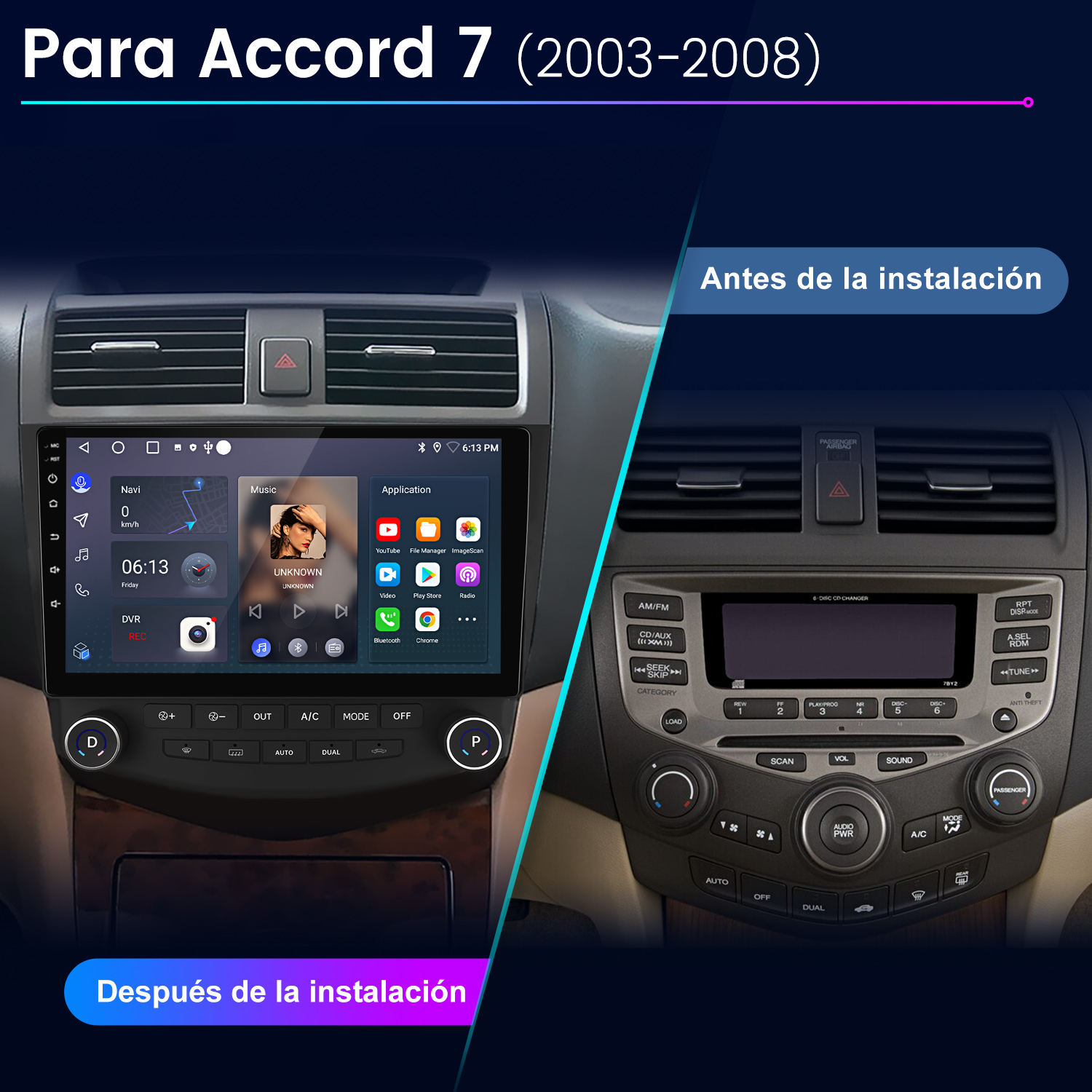 La imagen muestra el salpicadero del coche antes y después de la instalación de la radio. La nueva radio es táctil, la vieja tiene botones.