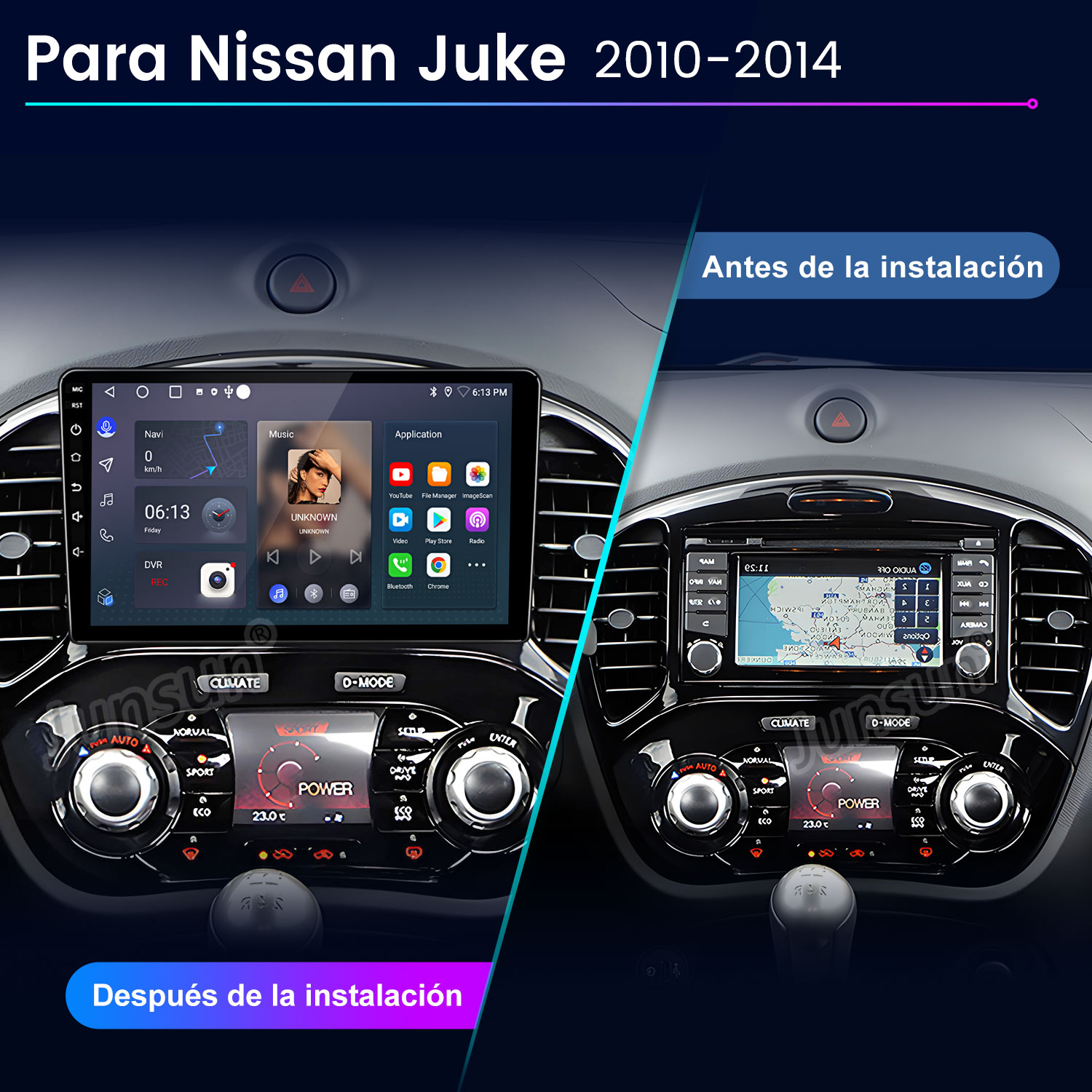 Comparación del salpicadero del coche: antes y después de la instalación de una nueva pantalla con controles de navegación y multimedia.