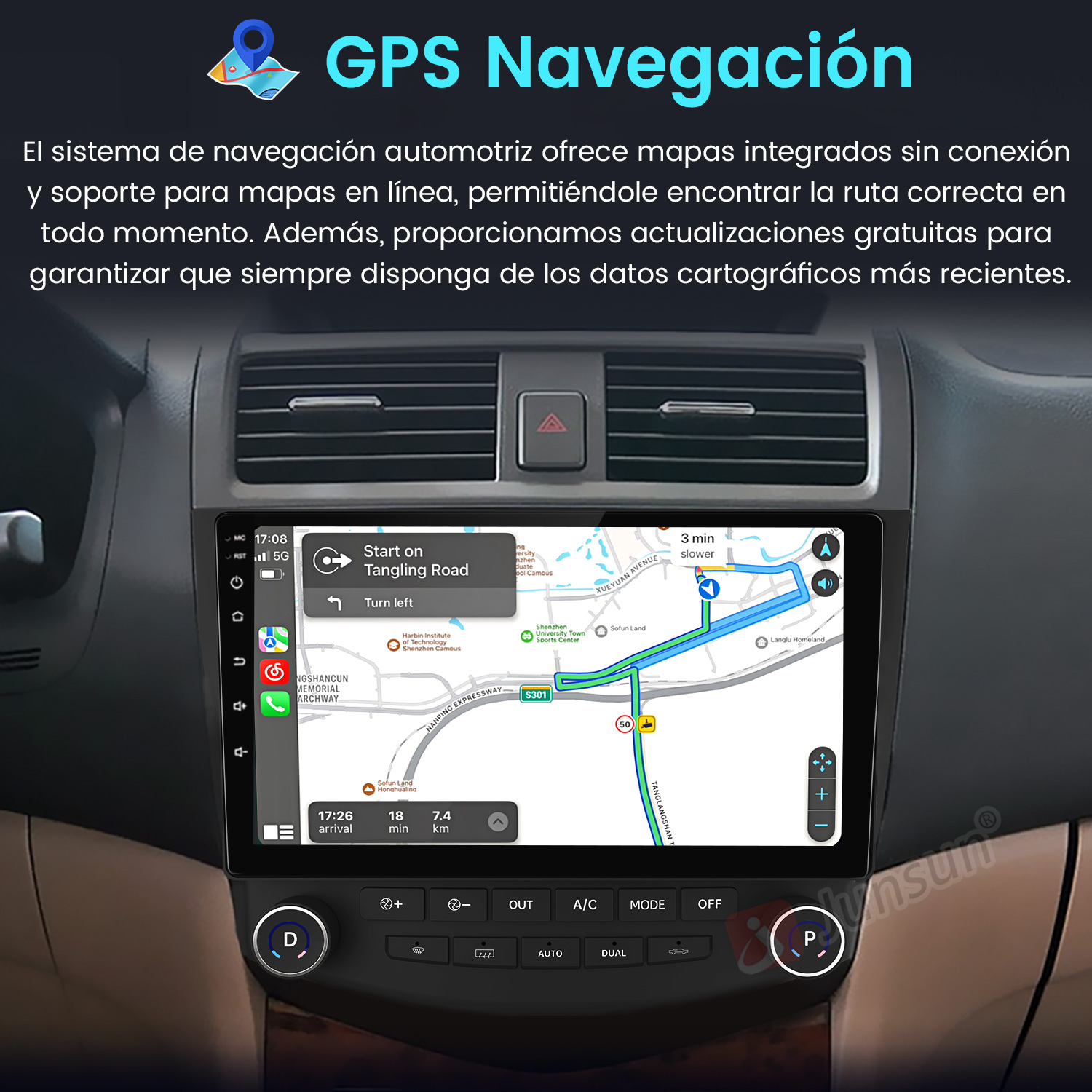 Sistema de navegación del coche con mapas y direcciones. La pantalla muestra la ruta y los botones de control.
