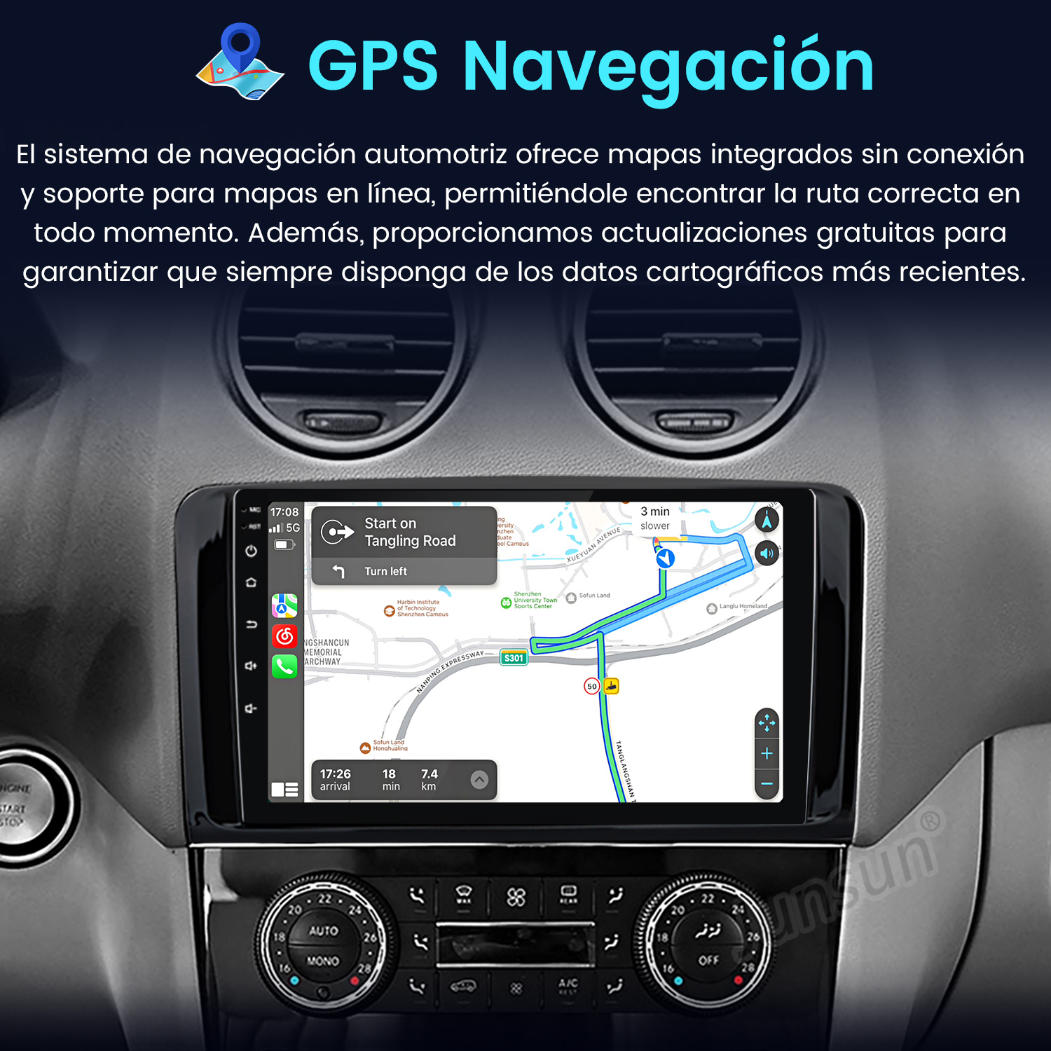 Sistema de navegación del coche mostrando un mapa con guía de ruta. Controles del salpicadero visibles.