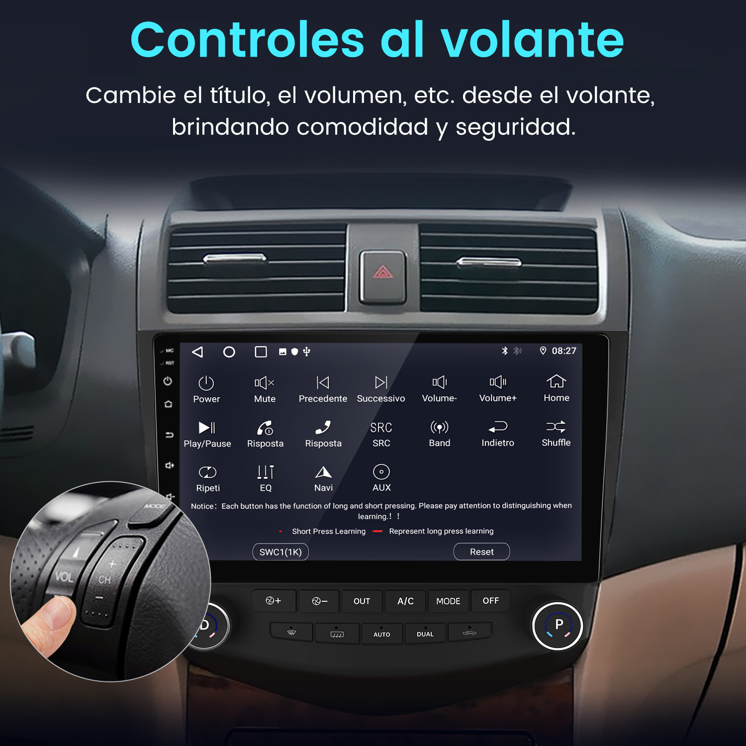 Panel del coche con controles, pantalla y mandos del volante. Mano pulsando un botón en el volante. Texto: controles al volante.