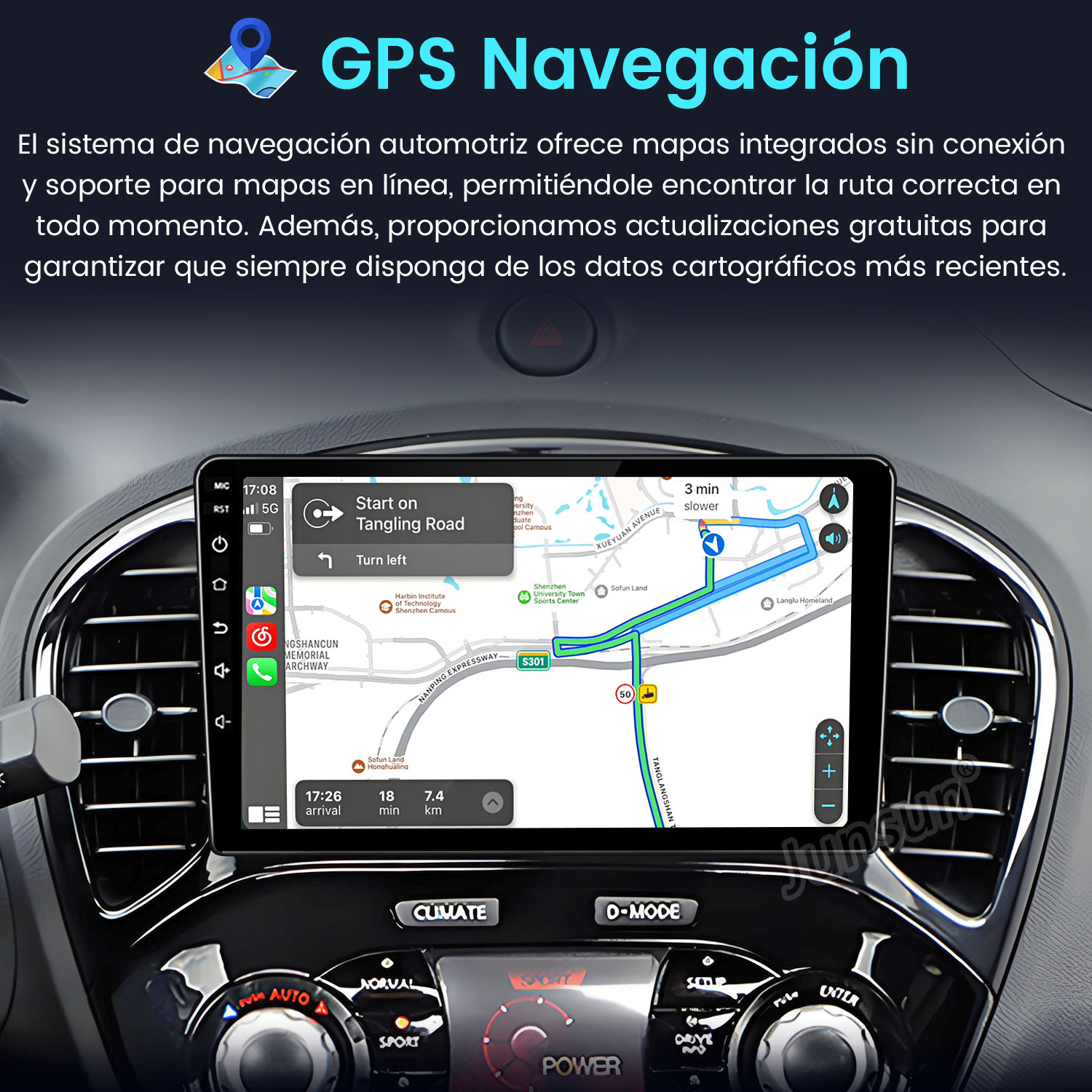 Pantalla de navegación del coche mostrando un mapa, dentro de un vehículo. Detalles del tablero visibles, incluyendo opciones de clima y modo de conducción.