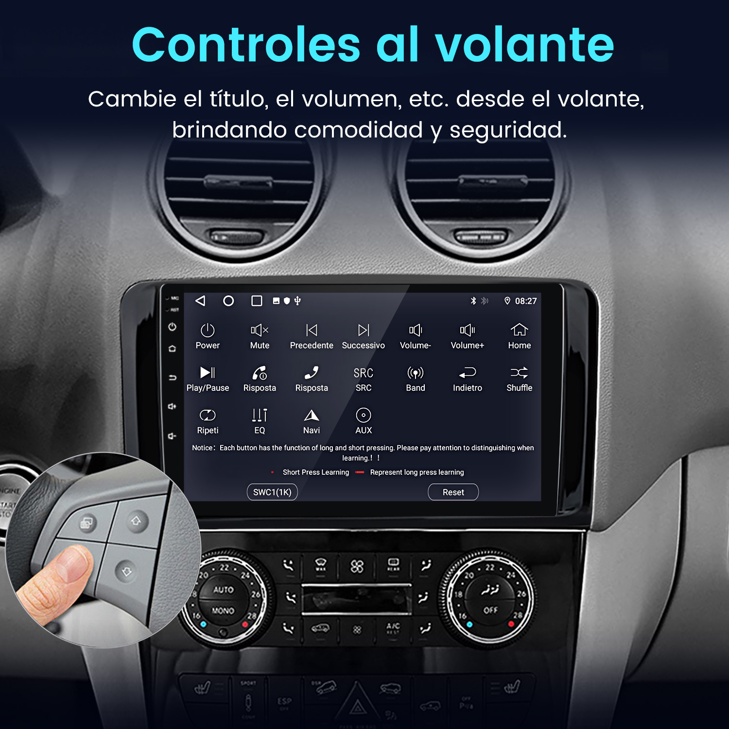 Panel del coche con pantalla, controles en el volante y mano presionando un botón. La pantalla muestra varios iconos de función.