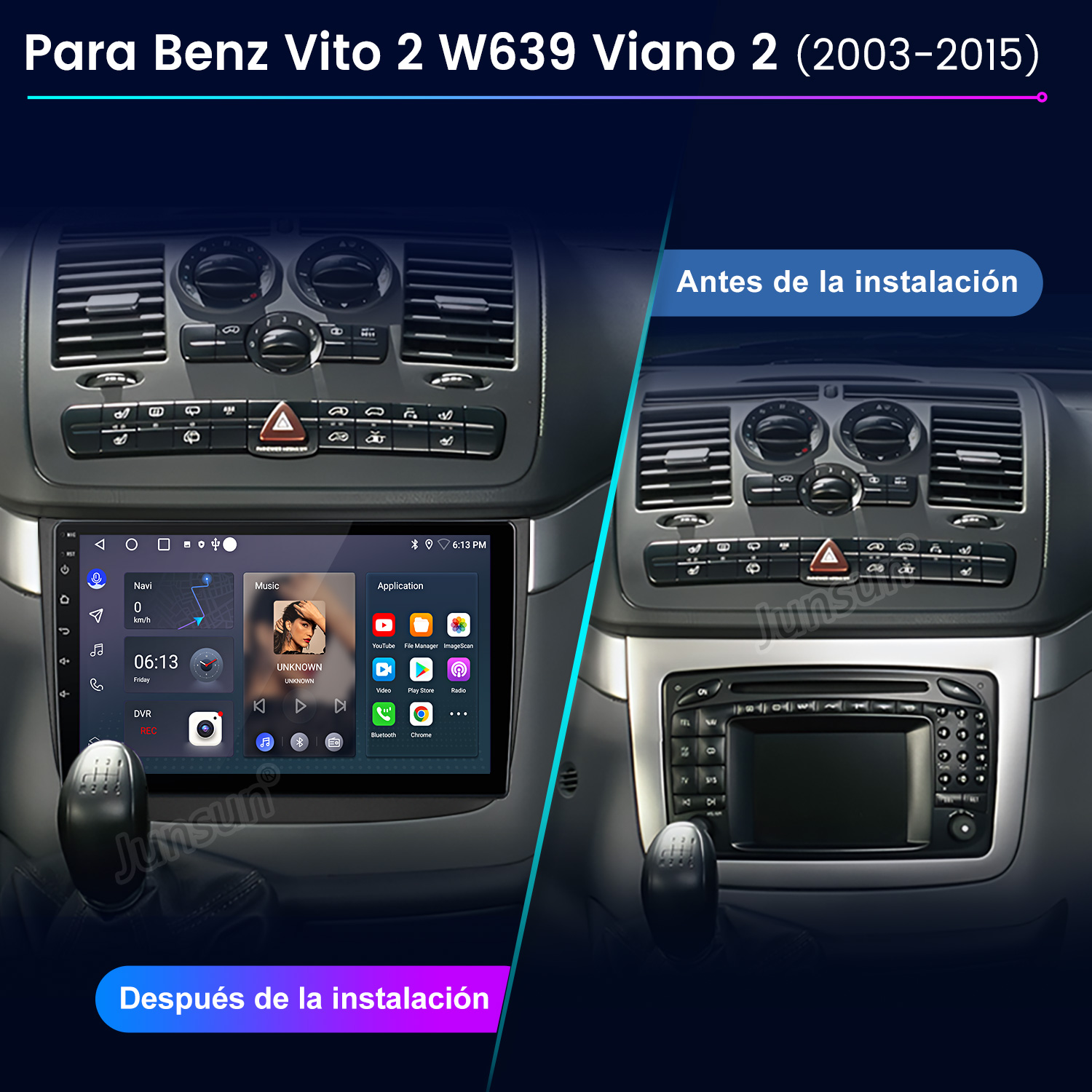 La imagen muestra el salpicadero del coche antes y después de una actualización. La imagen posterior a la instalación tiene una pantalla grande, mientras que la anterior tiene una pequeña.