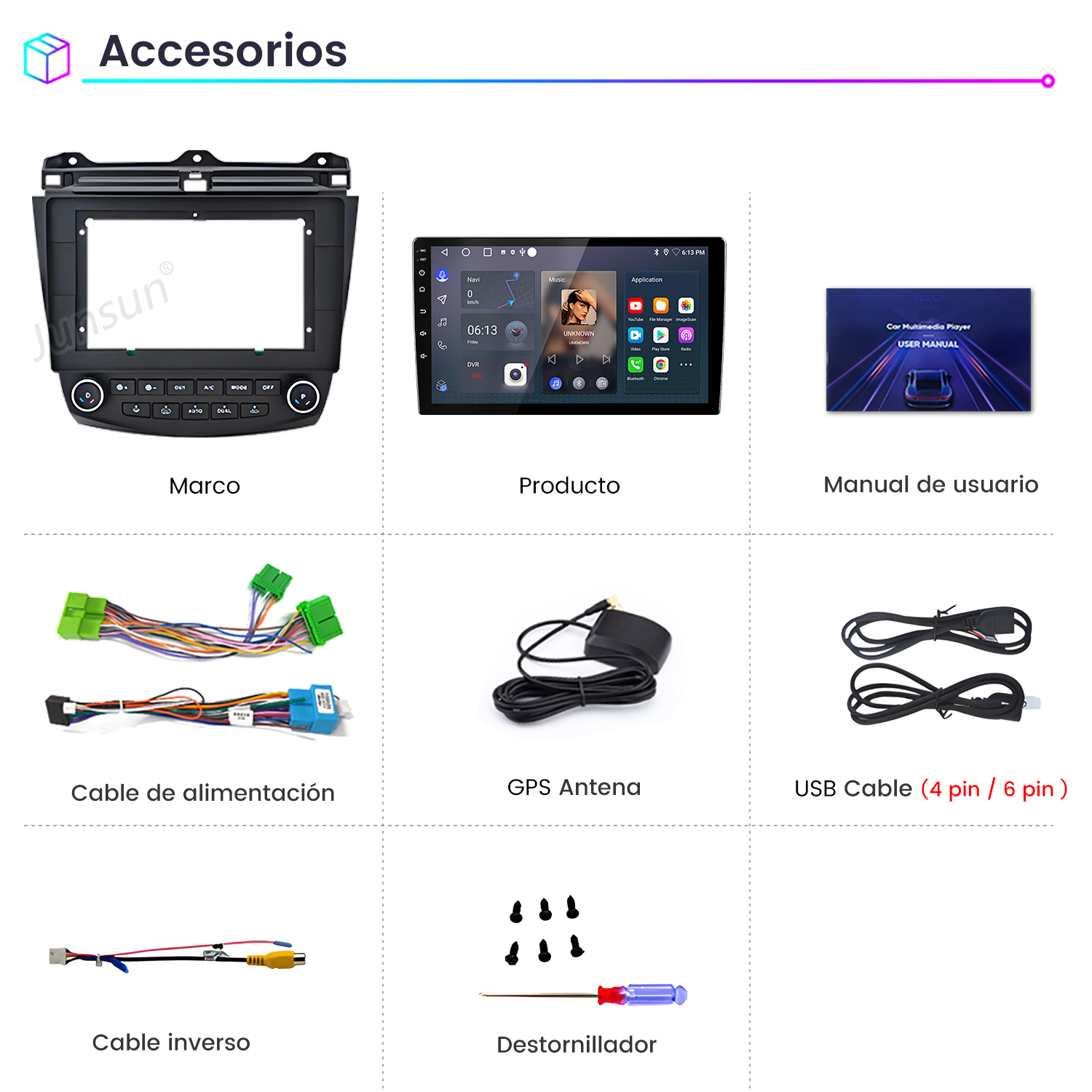 La imagen muestra accesorios multimedia para automóviles: un marco, un producto, un manual de usuario, cable de alimentación, antena GPS, cable USB, cable inverso y destornillador.