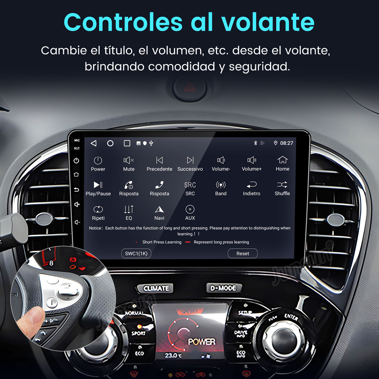 Interior del coche con controles en el volante. Una pantalla muestra opciones. Una mano señala un botón.
