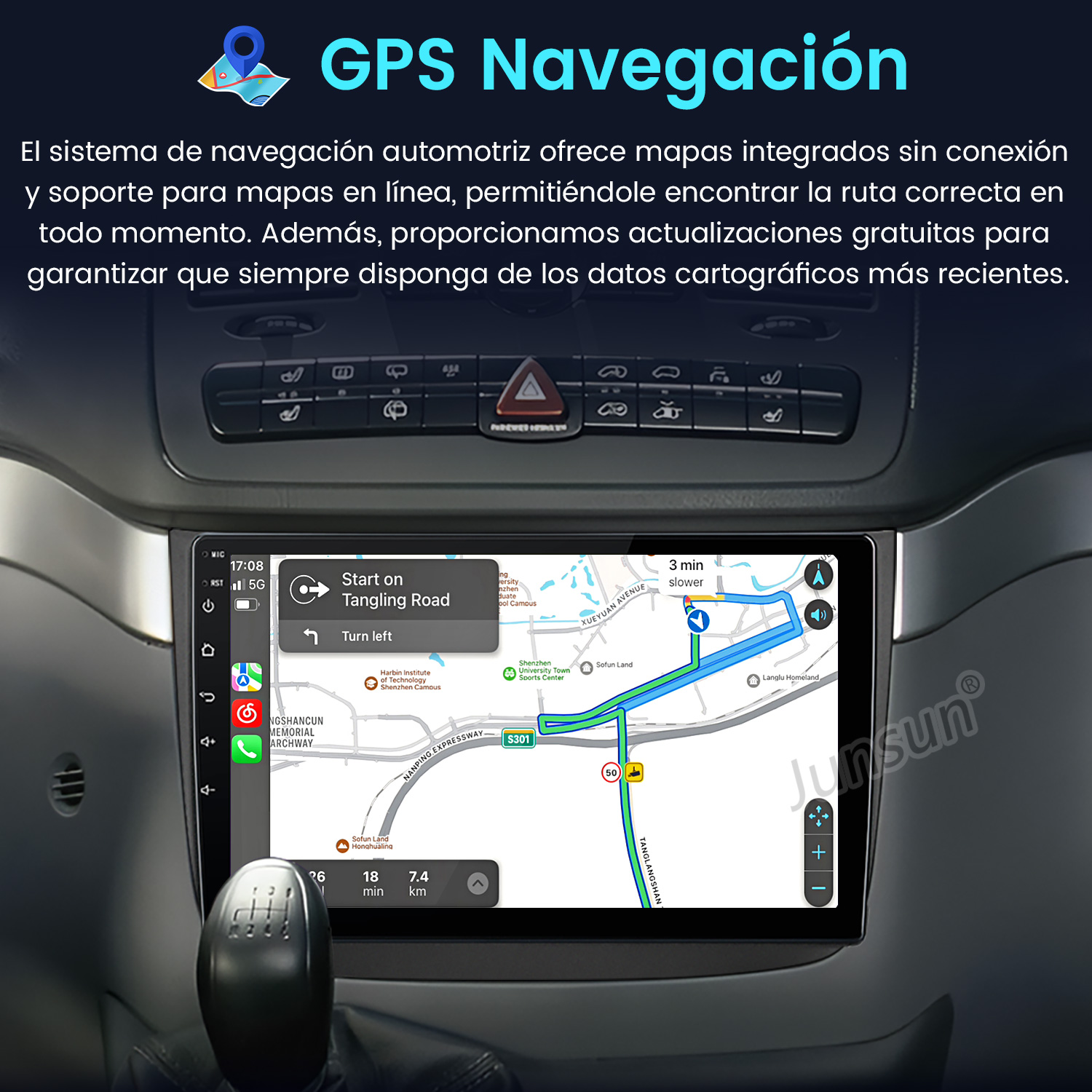 Pantalla de navegación del coche mostrando un mapa con guía de ruta. Elementos del tablero y palanca de cambios.
