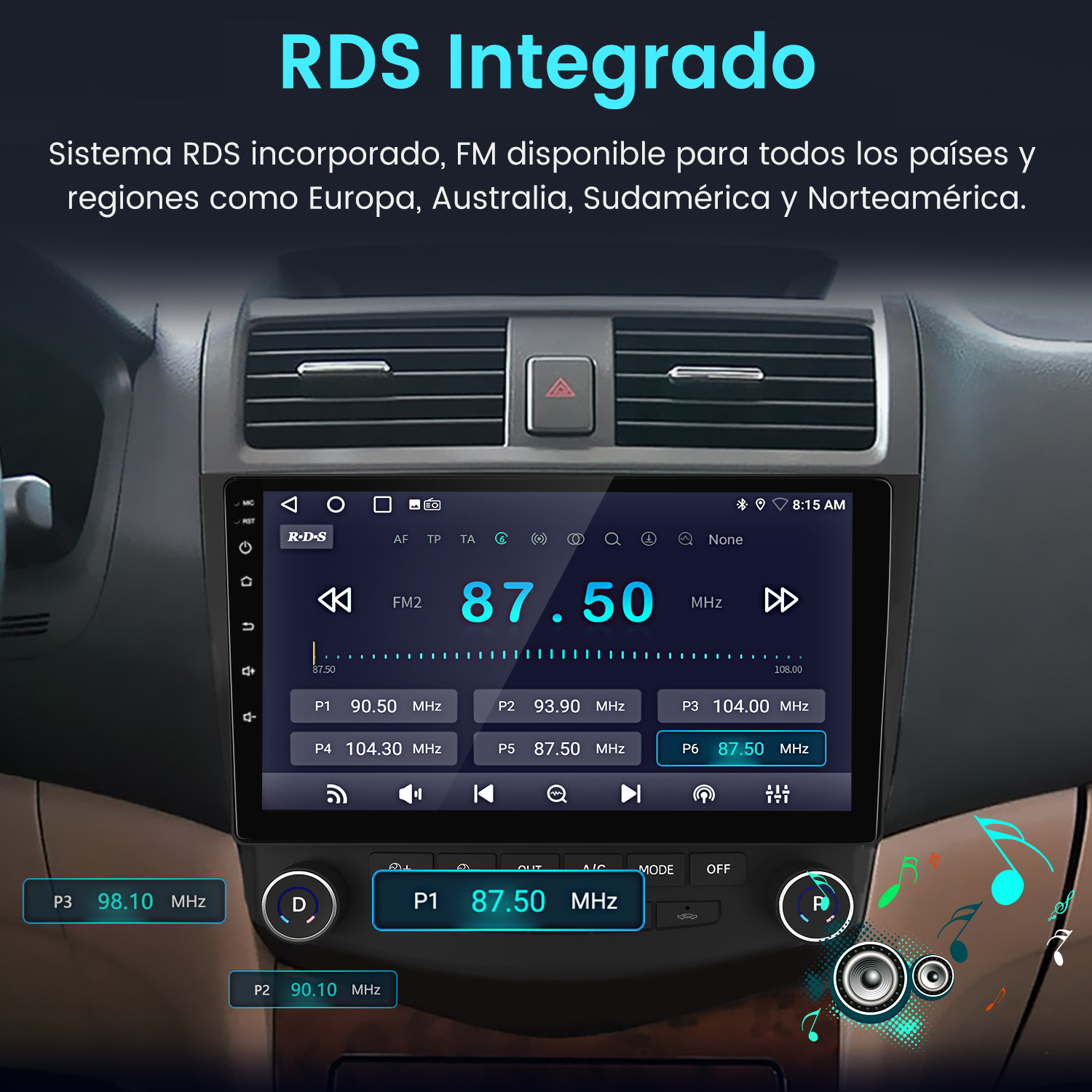 Pantalla de radio de coche mostrando radio FM a 87.50 MHz. Botones y controles visibles. Fondo muestra el salpicadero del coche.