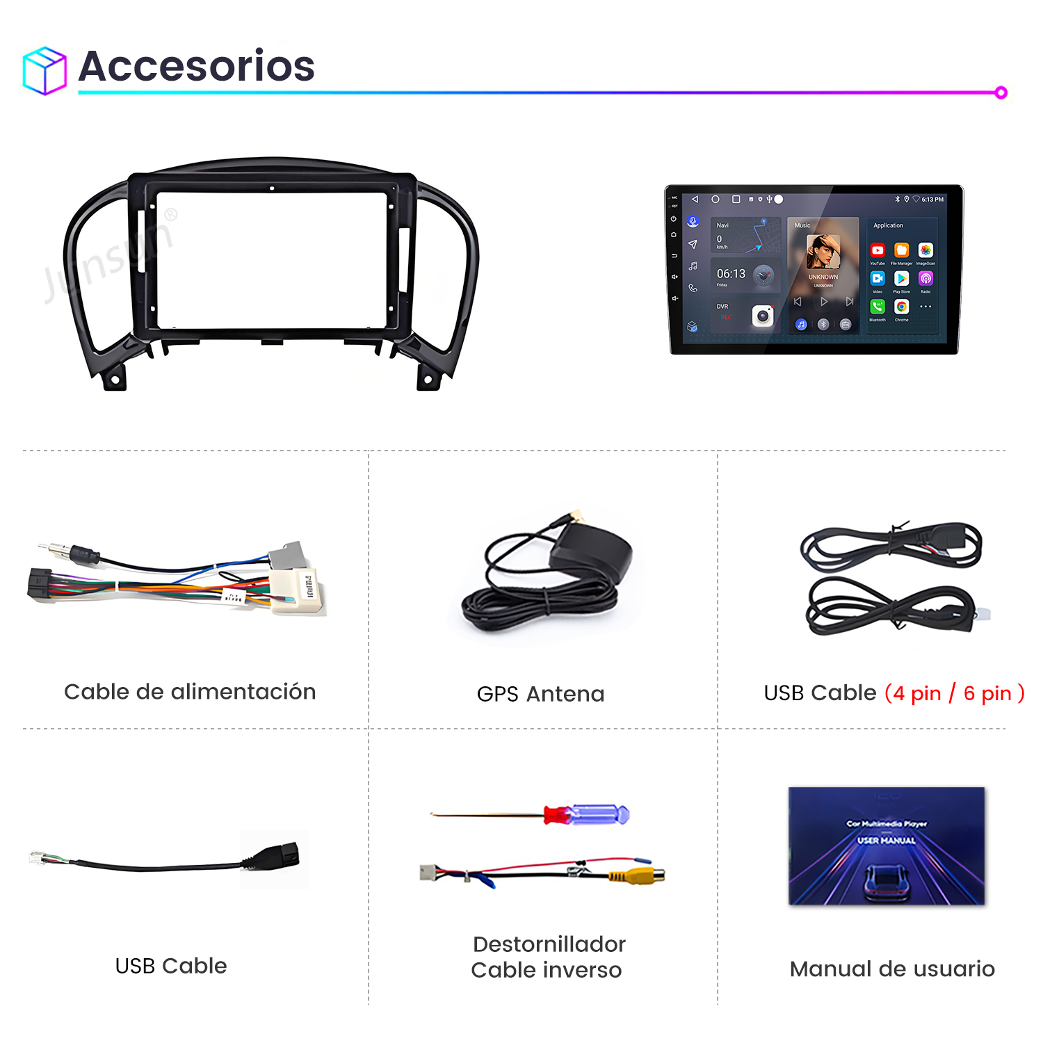 La imagen muestra accesorios para automóviles. Incluye un marco de radio para automóvil, pantalla, cables, antena GPS, destornillador y manual del usuario.