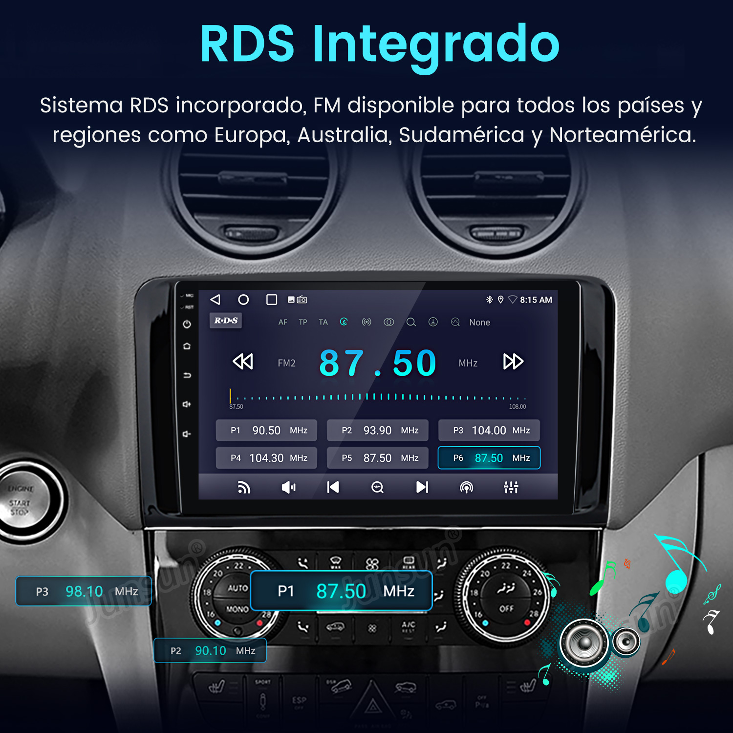 Radio de coche que muestra RDS, frecuencia de radio FM 87,50 MHz y varios botones. Muestra la hora y otras configuraciones.