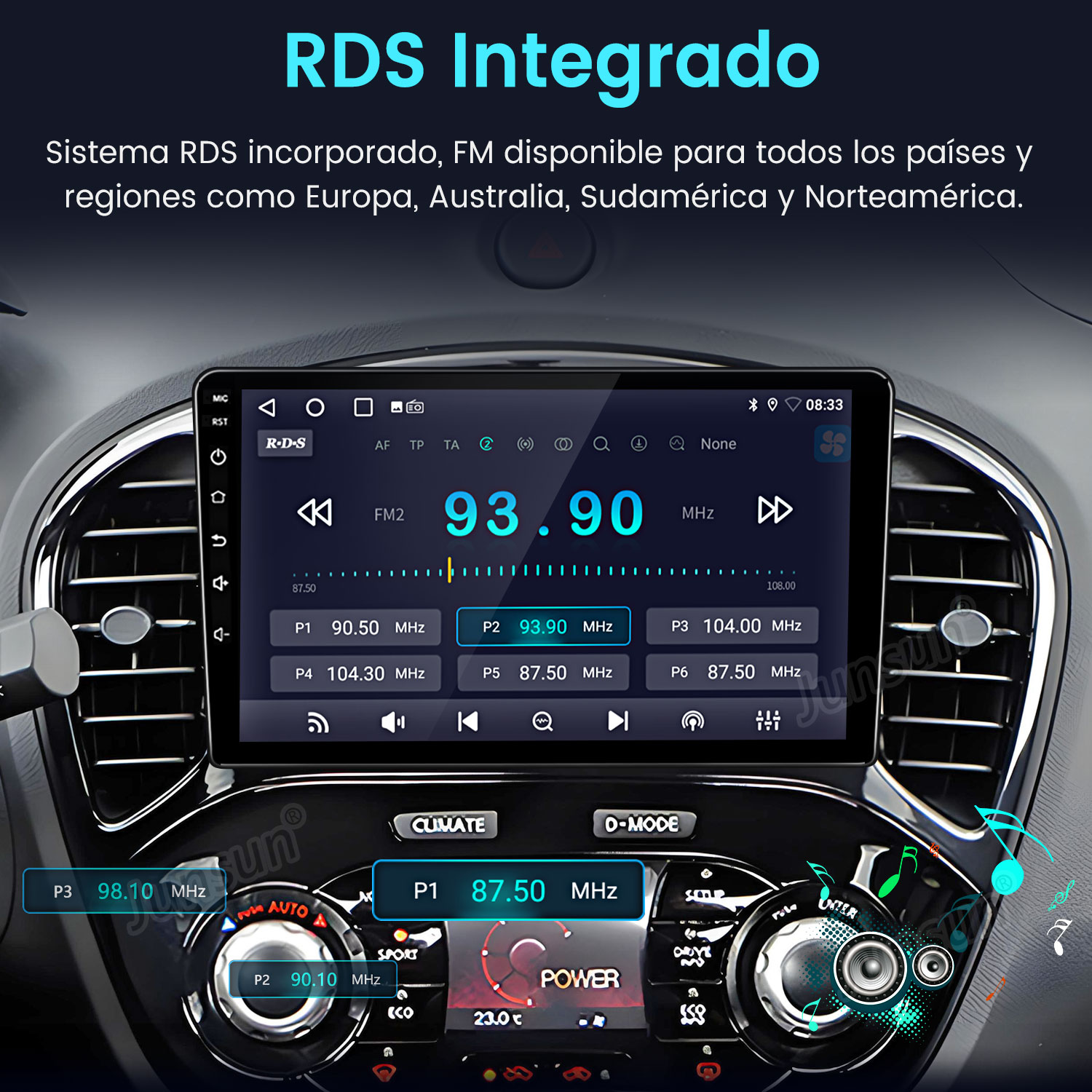 Radio de coche con FM 93.90 MHz. Botones de clima, modo y potencia visibles. La pantalla muestra información RDS.