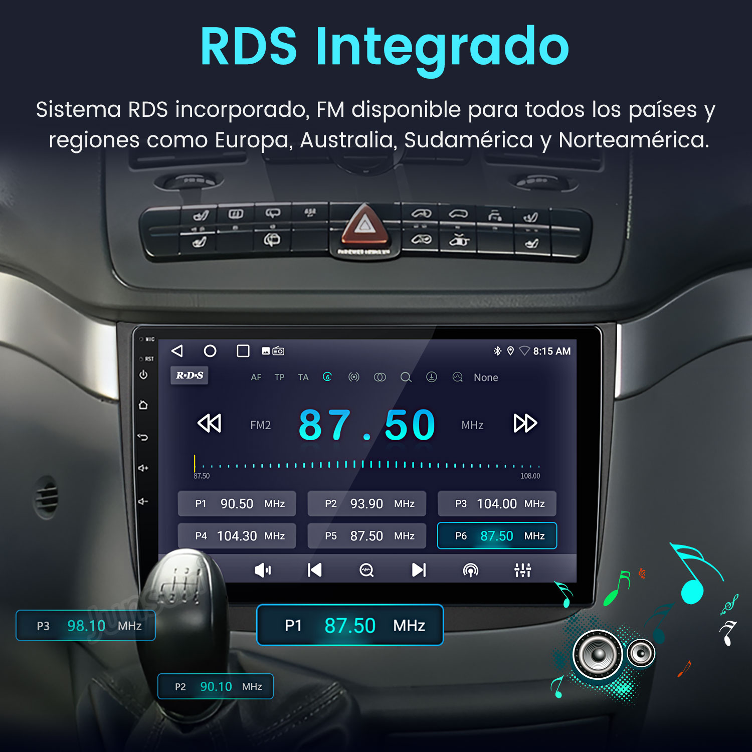 Pantalla de radio de coche que muestra el logotipo RDS, frecuencia 87.50 MHz y otras presintonías FM. El fondo muestra un interior de coche.