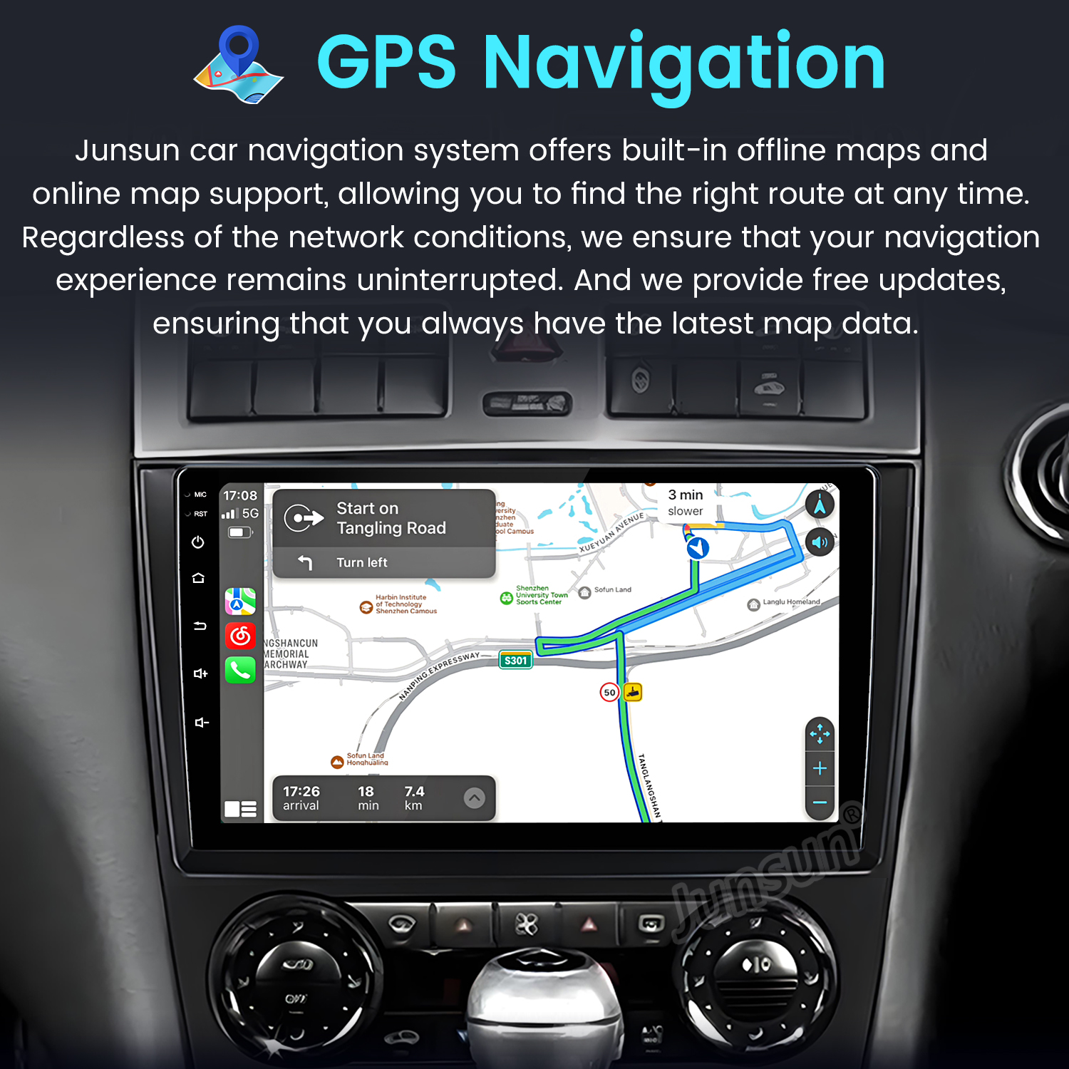Salpicadero de coche mostrando navegación GPS con mapa y detalles de ruta. Se muestran direcciones y distancias.